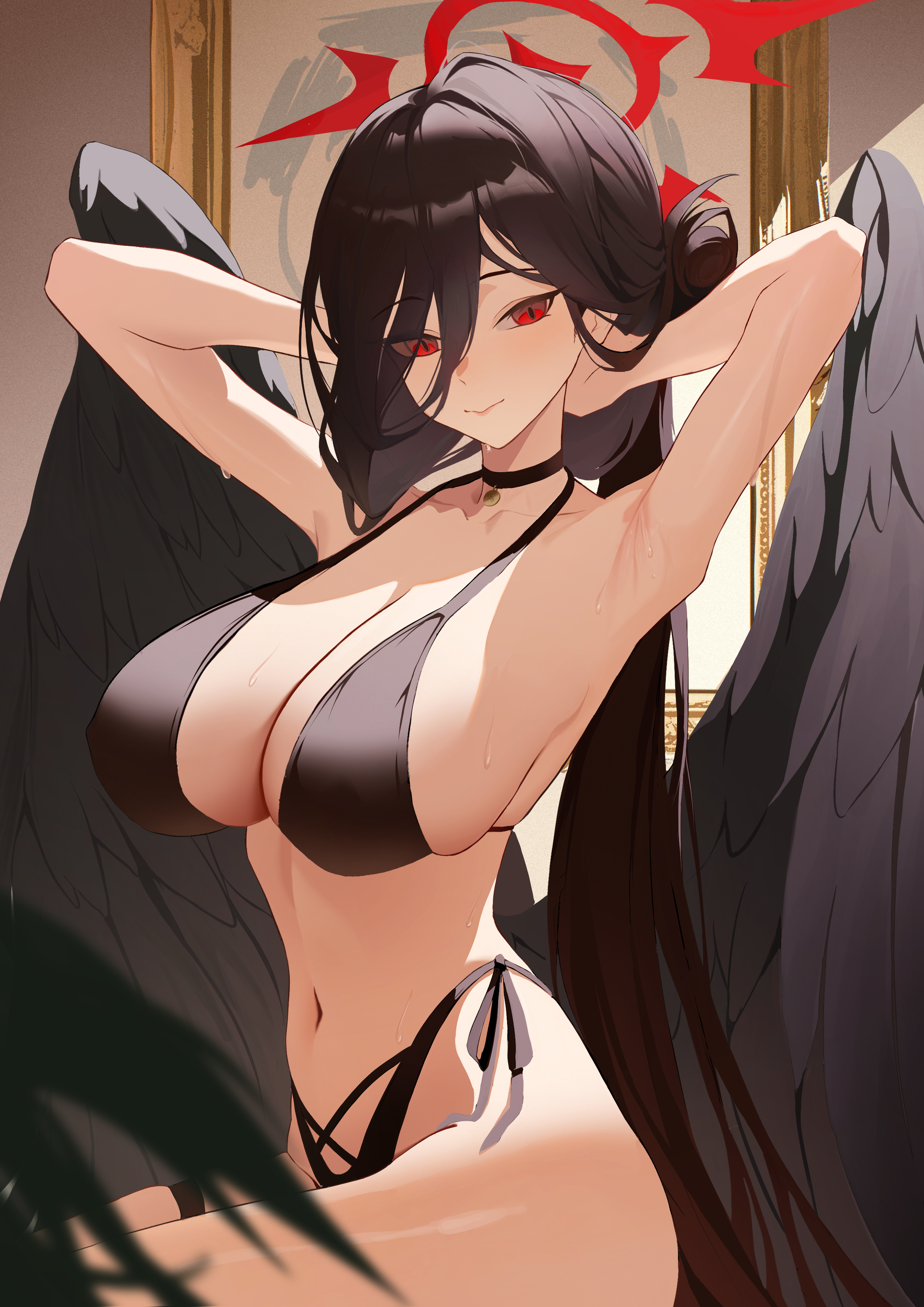 szai, doodle sensei (blue archive), hasumi (blue archive), hasumi (swimsuit) (blue archive), sensei (blue archive), blue archive, absurdres, commentary, highres, 1girl, armpits, arms behind head, arms up, bikini, black bikini, black hair, black wings, blurry, blurry foreground, breasts, collarbone, depth of field, feathered wings, hair bun, halo, halterneck, highleg, highleg bikini, huge breasts, long hair, looking at viewer, narrow waist, navel, official alternate costume, photo (object), picture frame, presenting armpit, red eyes, side-tie bikini bottom, single side bun, solo, stomach, string bikini, sweat, swimsuit, thigh strap, very long hair, wings