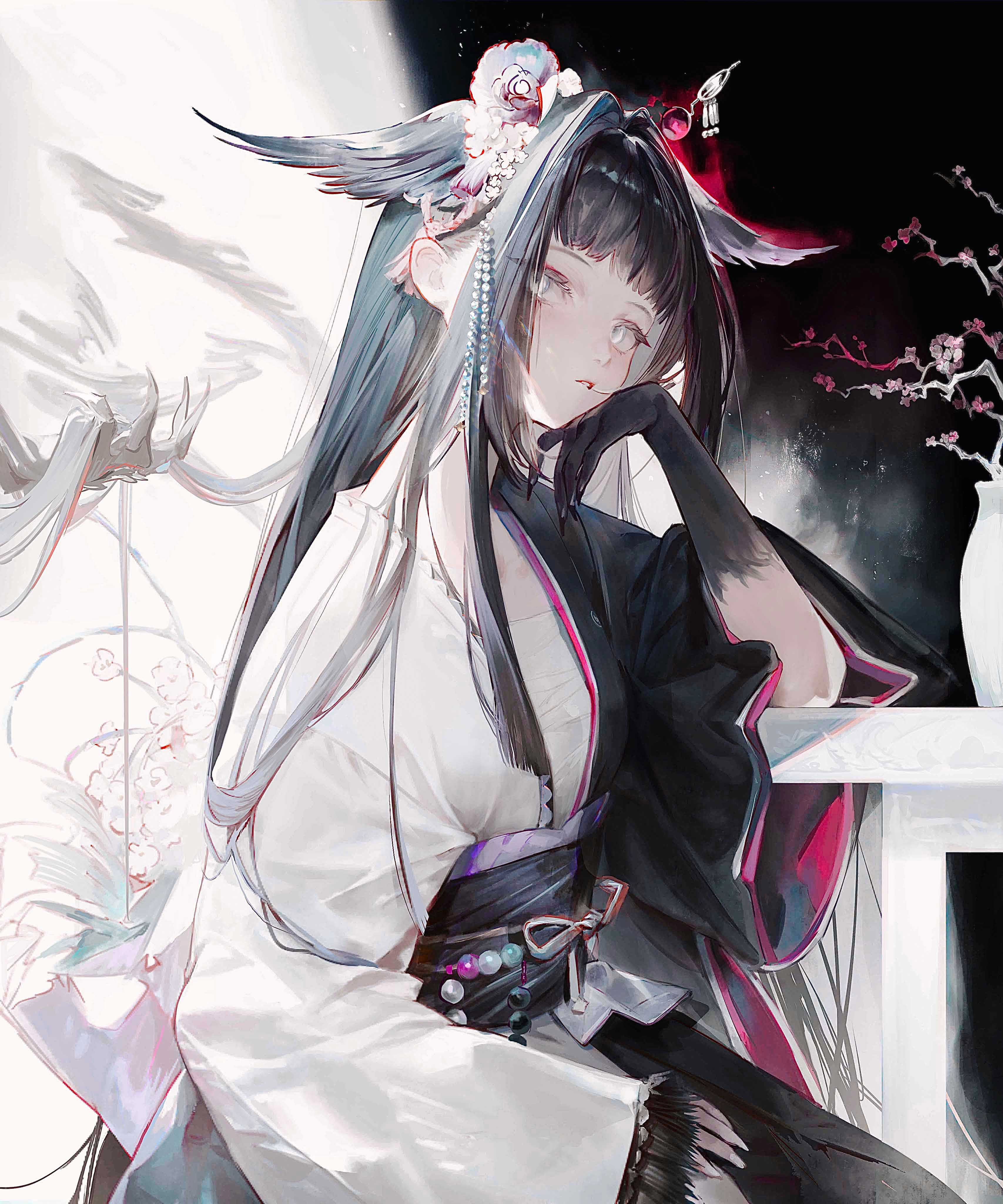 luo29541090, mio (arknights), arknights, absurdres, hashtag-only commentary, highres, 1girl, animal ears, black hair, black kimono, black sash, chest sarashi, claws, colored extremities, hair behind ear, hair intakes, hair ornament, head rest, japanese clothes, kimono, long hair, looking at viewer, obi, parted lips, sarashi, sash, single sleeve past wrist, sitting, white eyes, white kimono, wide sleeves
