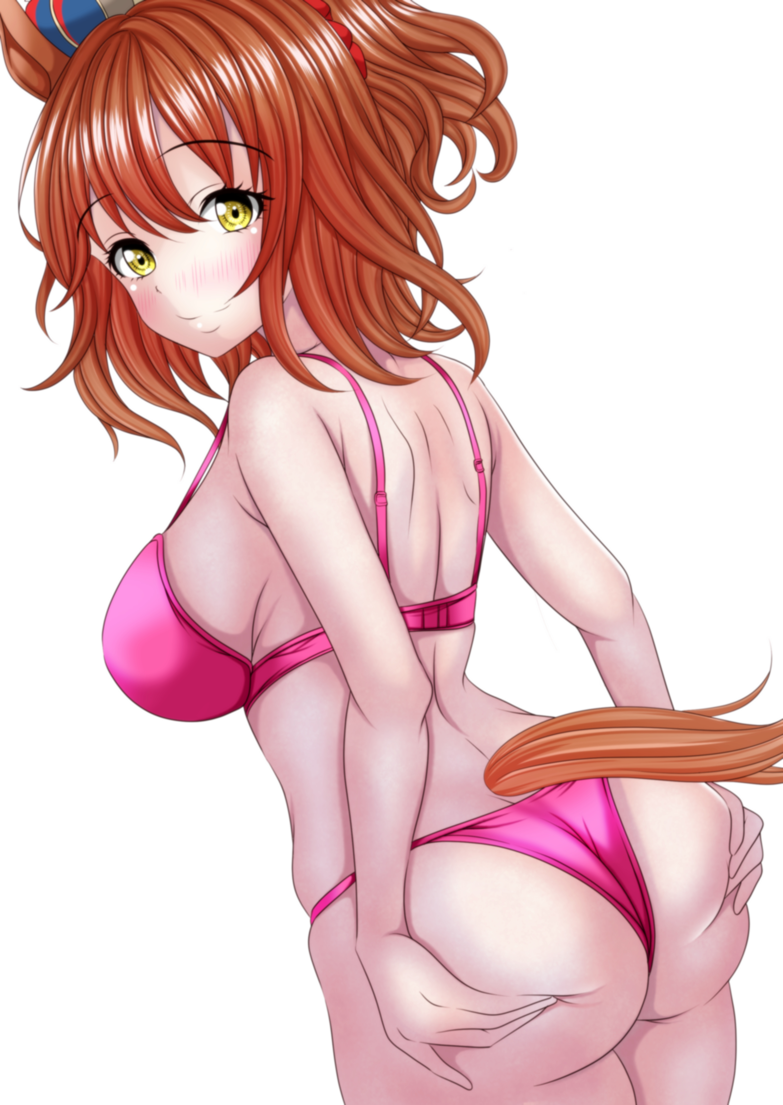 hagesan3345, aston machan (umamusume), umamusume, absurdres, highres, 1girl, animal ears, ass, bikini, breasts, brown hair, closed mouth, crown, from behind, horse ears, horse girl, horse tail, looking at viewer, medium breasts, medium hair, pink bikini, solo, swimsuit, tail, yellow eyes