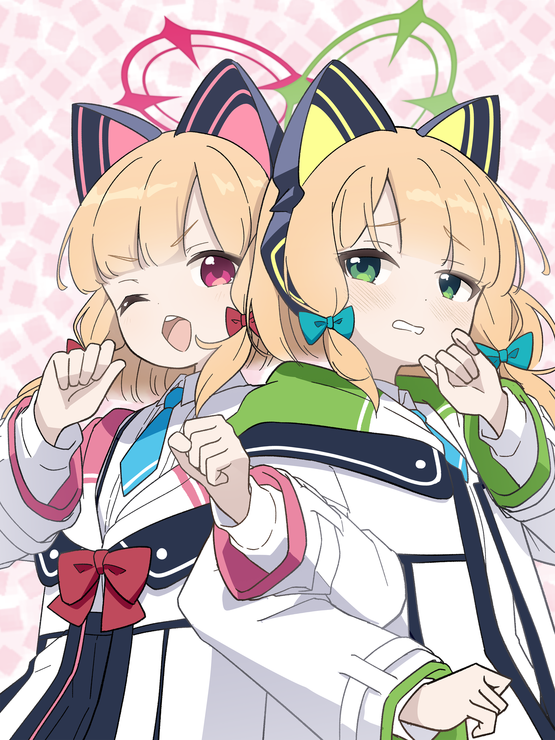 kyousuke (orcein), midori (blue archive), momoi (blue archive), blue archive, absurdres, commentary request, highres, 2girls, animal ear headphones, animal ears, black skirt, blonde hair, blue necktie, blunt bangs, blush, bow, cat ear headphones, cat ears, collared shirt, dress shirt, fake animal ears, green bow, green eyes, green halo, green jacket, halo, hand up, hands up, headphones, jacket, layered sleeves, locked arms, long sleeves, looking at another, looking at viewer, looking to the side, low-tied sidelocks, multicolored jacket, multiple girls, necktie, one eye closed, open clothes, open jacket, open mouth, parted bangs, paw pose, pink background, pink eyes, pink halo, pink jacket, red bow, shirt, short hair, siblings, sidelocks, sisters, skirt, smile, suspender skirt, suspenders, teeth, twins, upper body, upper teeth only, v-shaped eyebrows, white jacket, white mouth, white shirt