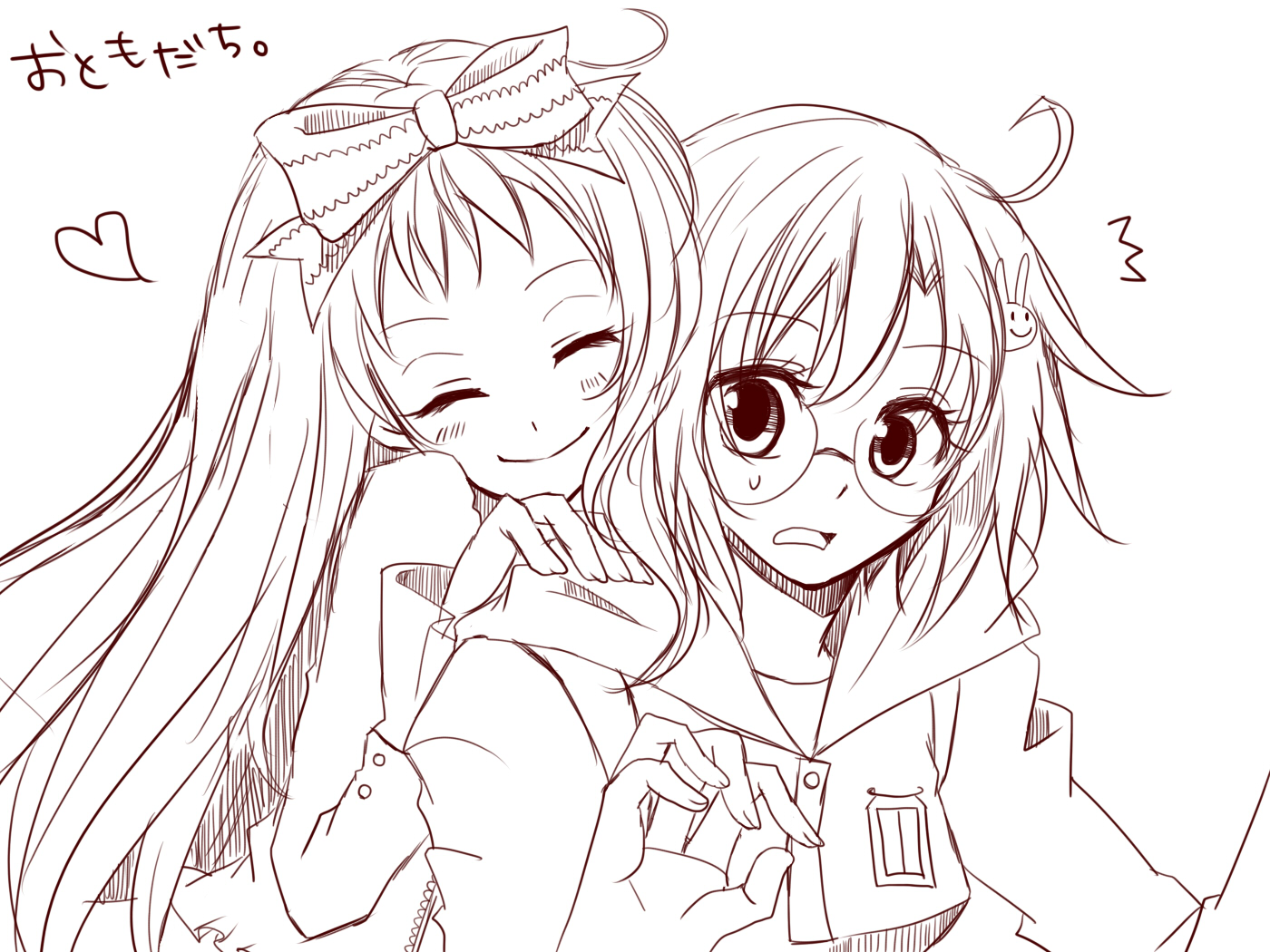 haru (kerokero-suwako), higanbana (higanbana no saku yoru ni), moriya marie, higanbana no saku yoru ni, 2girls, blush, buttons, closed eyes, frills, glasses, hair ornament, heart, holding, long hair, long sleeves, monochrome, multiple girls, name tag, open mouth, rabbit hair ornament, short hair, sketch, smile, surprised, sweatdrop, yuri
