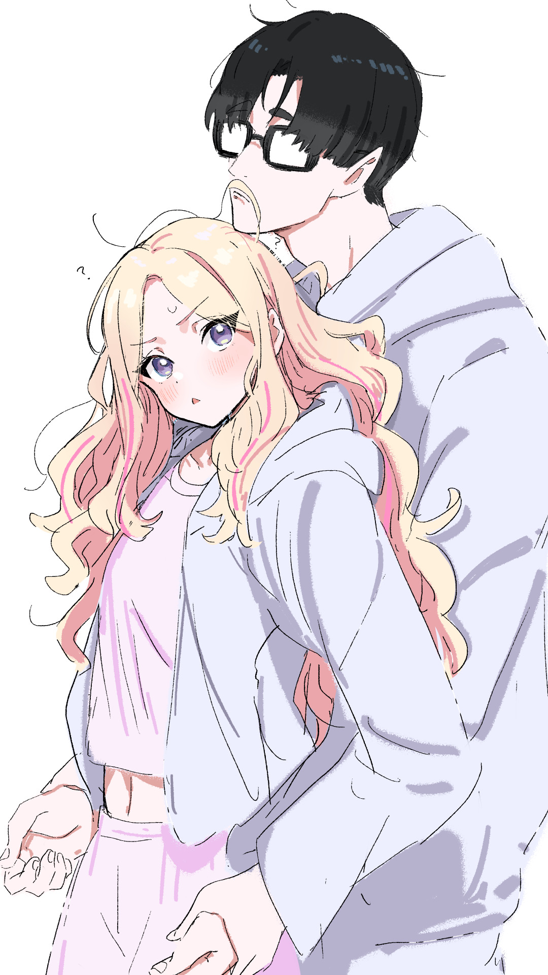 kasasagi (futagodori888), juo sena, producer (idolmaster), gakuen idolmaster, idolmaster, commentary request, highres, 1boy, 1girl, ?, black-framed eyewear, black hair, blonde hair, blush, cropped shirt, fake facial hair, fake mustache, glasses, hair mustache, hetero, holding hands, hood, hooded jacket, hoodie, jacket, long hair, looking at viewer, multicolored hair, navel, pink hair, pink shirt, pink shorts, shirt, short hair, shorts, simple background, streaked hair, triangle mouth, two-tone hair, very long hair, white background, white hoodie, white jacket, workout clothes