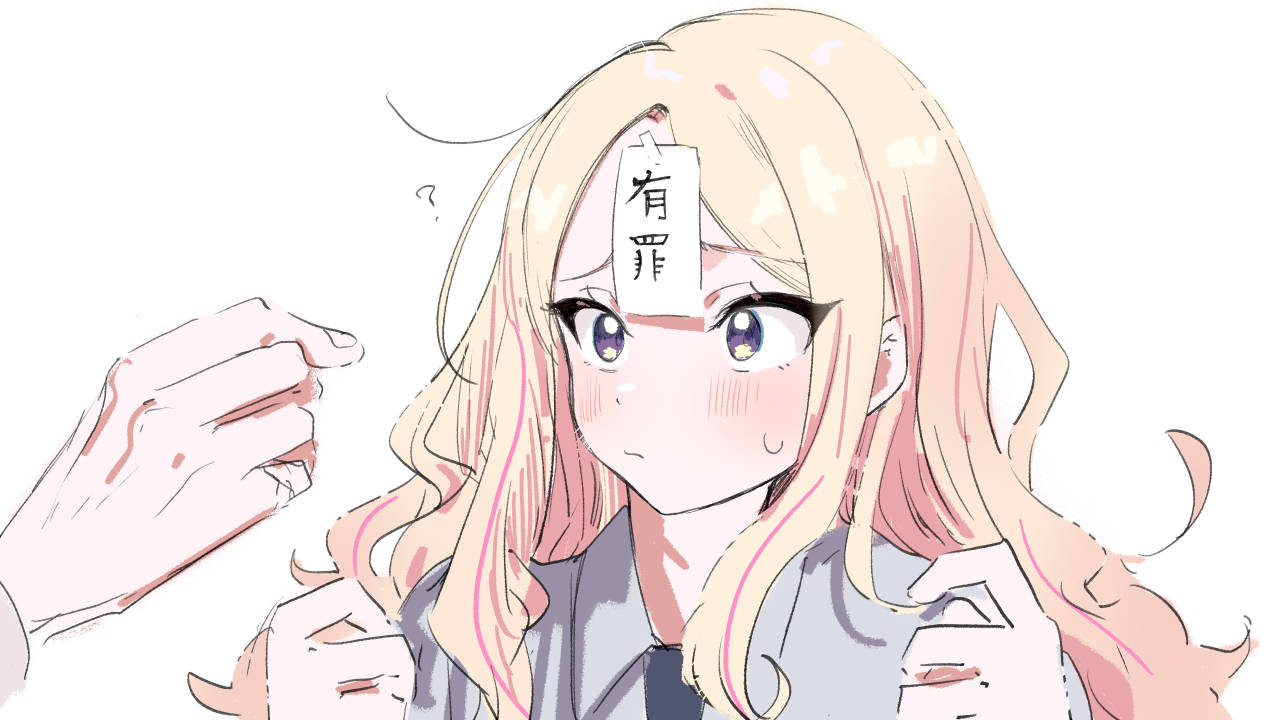 kasasagi (futagodori888), juo sena, producer (idolmaster), gakuen idolmaster, idolmaster, commentary request, translation request, 1boy, 1girl, ?, blonde hair, blush, grey shirt, long hair, looking at another, multicolored hair, paper on head, pink hair, shirt, simple background, streaked hair, sweat, two-tone hair, upper body, white background