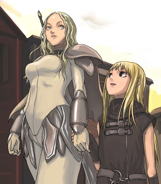 tea (nakenashi), clare (claymore), teresa, claymore (series), 00s, 2girls, age difference, armor, blonde hair, holding, holding behind back, holding hands, holding sword, holding sword behind back, holding weapon, holding weapon behind back, long hair, multiple girls, pteruges, sword, weapon