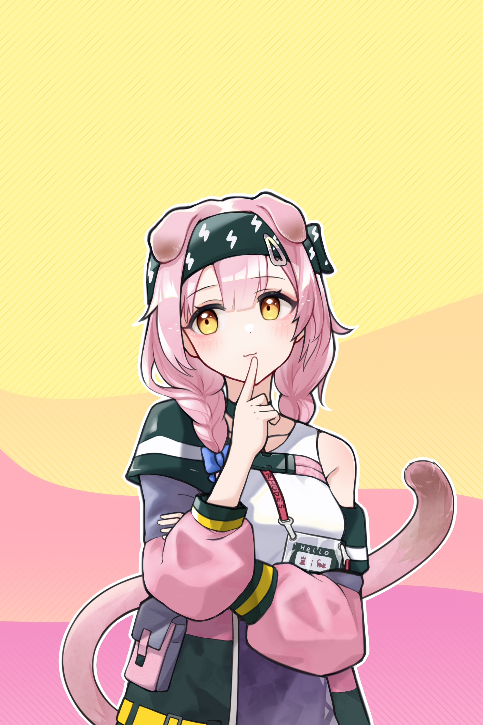 jiuyu qame, goldenglow (arknights), arknights, absurdres, chinese commentary, commentary, highres, 1girl, animal ears, bare shoulders, black choker, black hairband, blush, braid, choker, closed mouth, finger to mouth, hairband, hand on own arm, jacket, light smile, lightning bolt print, looking to the side, medium hair, off shoulder, outline, pink background, pink hair, pink jacket, pink tail, purple jacket, solo, tail, tail raised, tank top, white outline, white tank top, yellow background, yellow eyes