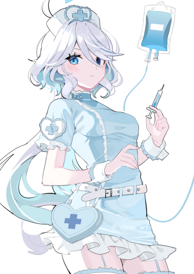choru art, furina (genshin impact), genshin impact, hashtag-only commentary, 1girl, ahoge, belt, blue dress, blue eyes, blue hair, blush, cowboy shot, double-parted bangs, dress, from below, frown, garter straps, hair between eyes, heterochromia, holding, holding syringe, intravenous drip, long hair, looking at viewer, multicolored hair, nurse, short dress, short sleeves, sidelocks, solo, streaked hair, syringe, thighhighs, twitter username, watermark, white belt, white hair