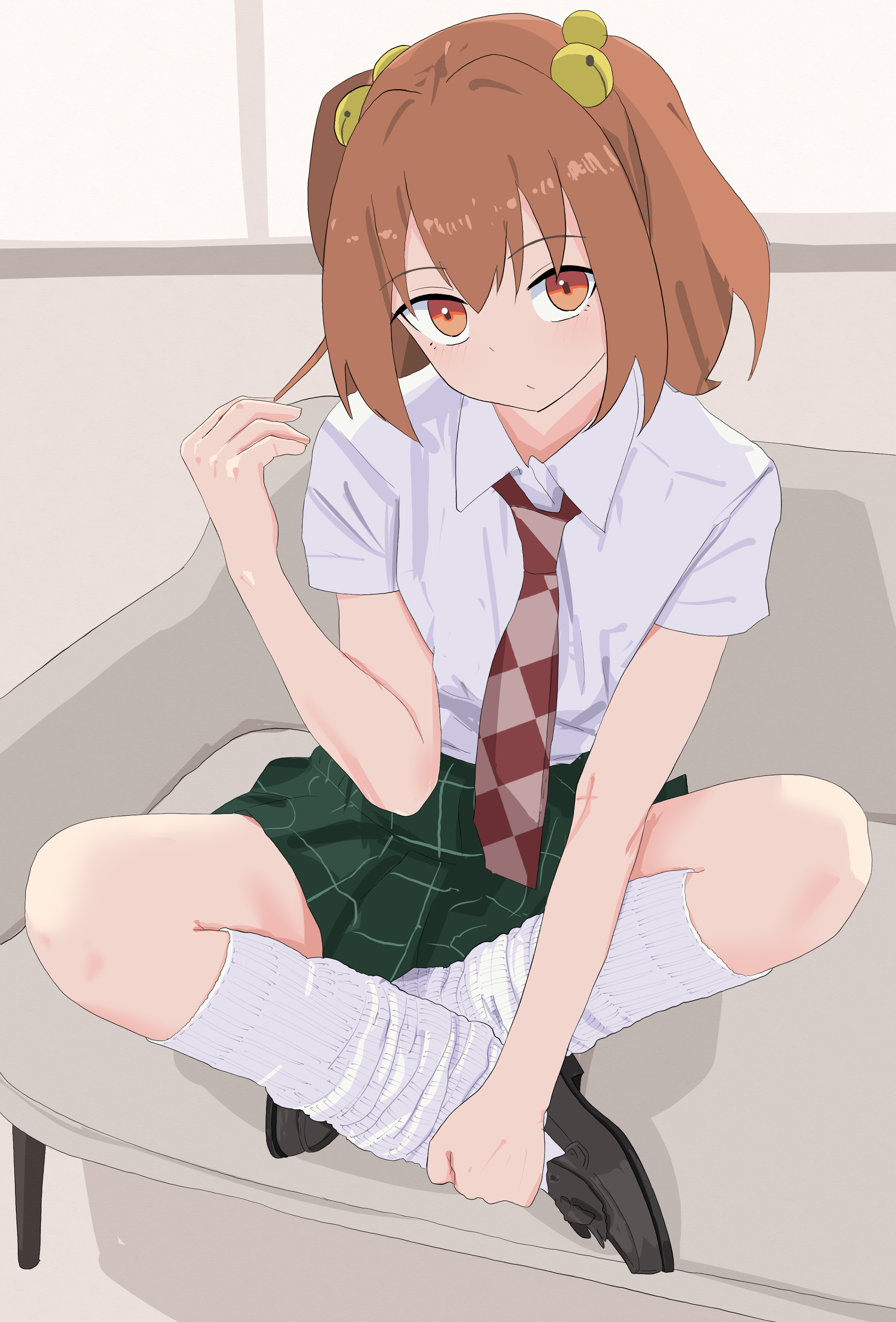 doubutsu koujou, motoori kosuzu, touhou, absurdres, commentary request, highres, 1girl, :/, bell, black shoes, brown hair, chair, green skirt, hair bell, hair ornament, indian style, loafers, looking at viewer, loose socks, necktie, on chair, school uniform, shirt, shirt tucked in, shoes, short sleeves, sitting, skirt, socks, solo, summer uniform, two-tone necktie, white shirt, white socks