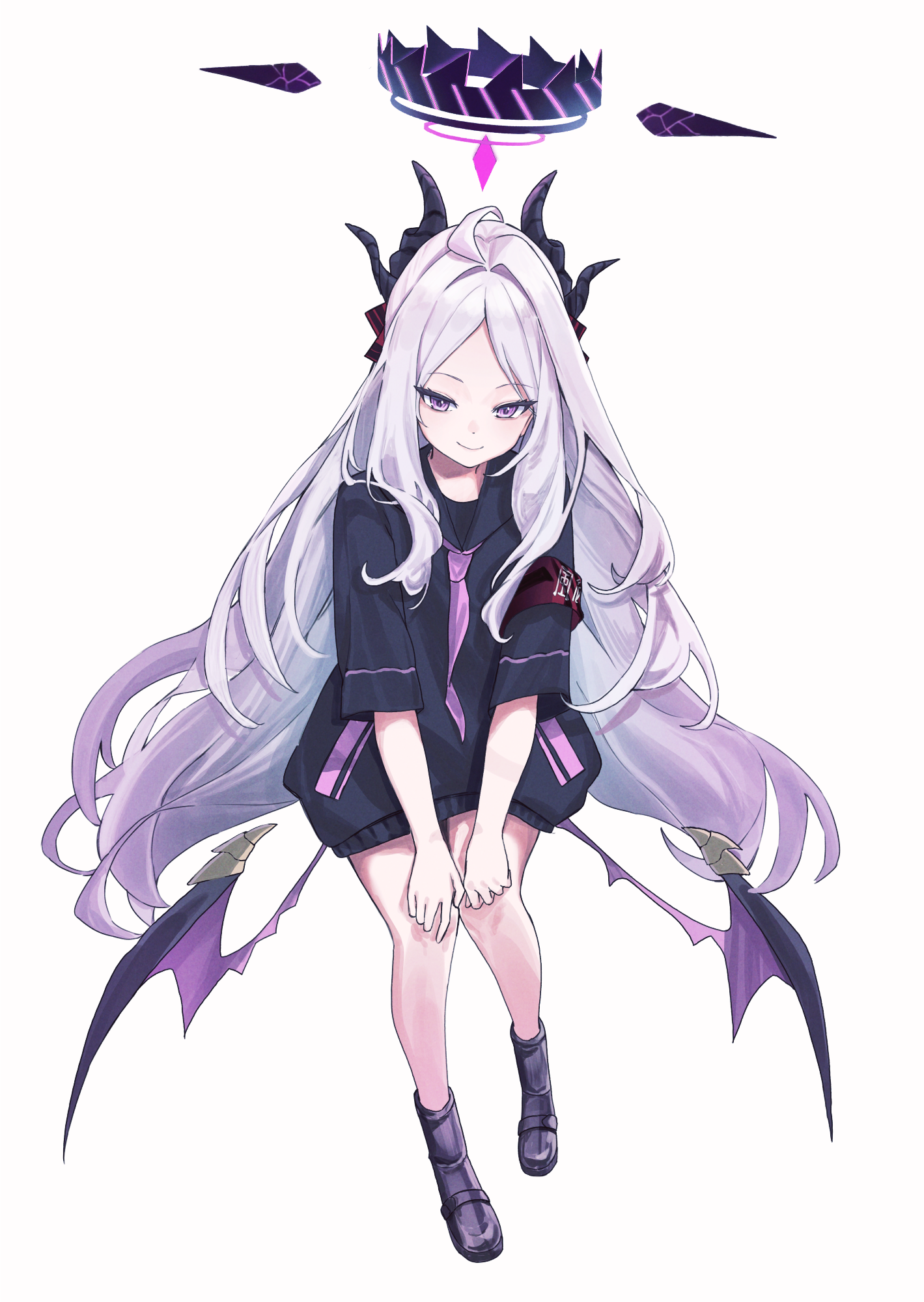ahneato, hina (blue archive), blue archive, highres, 1girl, ahoge, blush, breasts, demon girl, demon horns, demon wings, full body, horns, long hair, purple eyes, small breasts, solo, standing, very long hair, white hair, wings