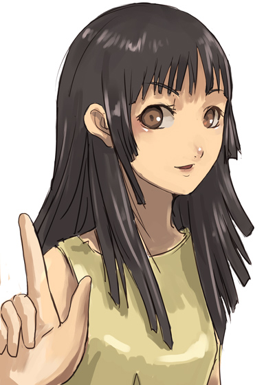 tea (nakenashi), riful, claymore (series), 00s, 1girl, black hair, brown eyes, dress, female focus, flat chest, long hair, solo, wagging finger