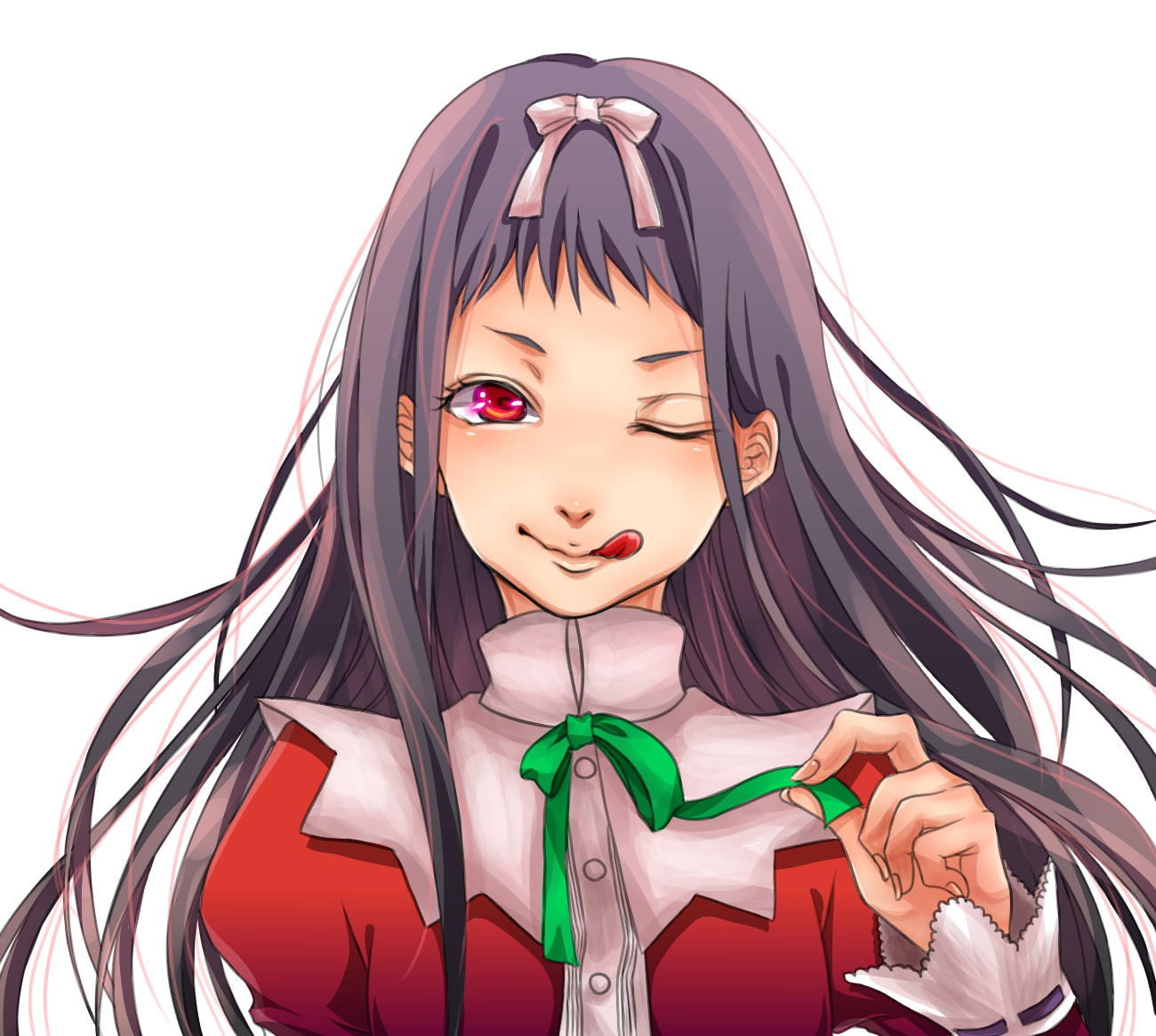 higanbana (higanbana no saku yoru ni), higanbana no saku yoru ni, black hair, blazer, bow, buttons, frills, green ribbon, holding, jacket, licking lips, long hair, one eye closed, pppsss, red eyes, ribbon, simple background, tongue, tongue out, white background, white bow