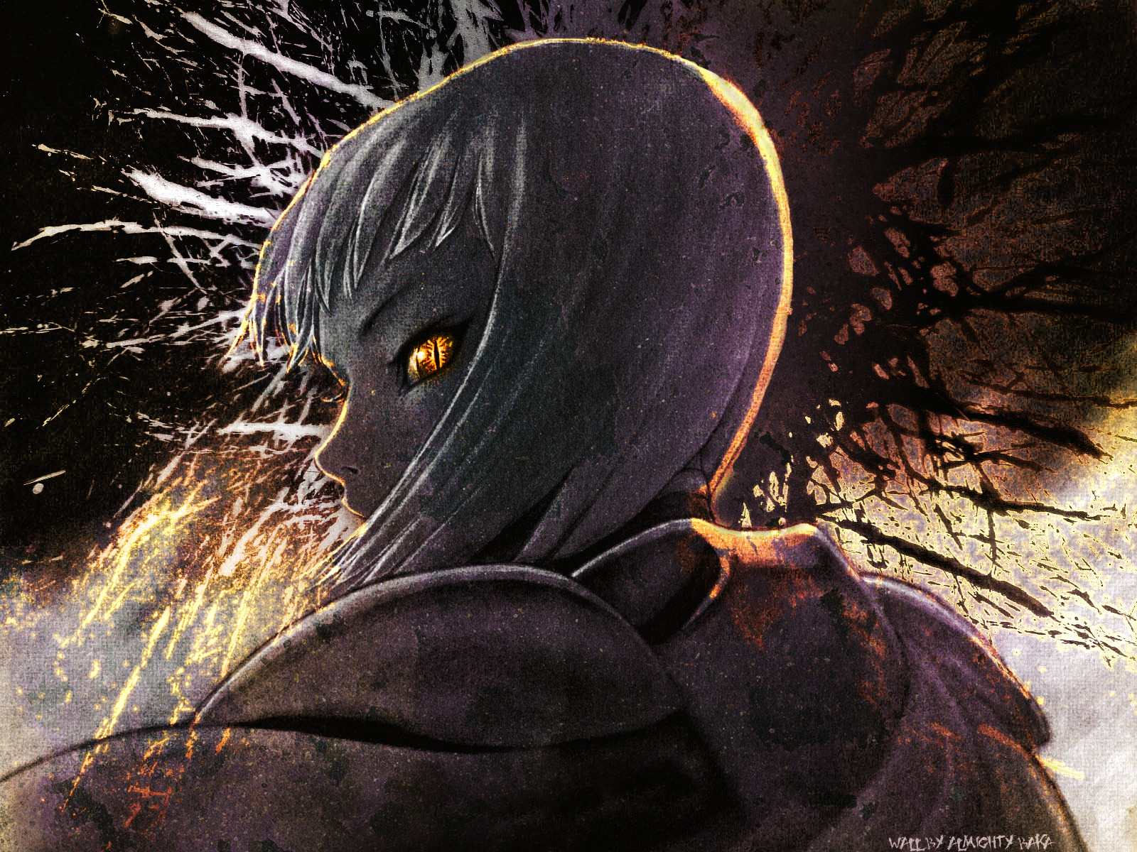 clare (claymore), claymore (series), highres, tagme, 00s, 1girl, blunt bangs, cape, colored sclera, english text, female focus, looking back, short hair, solo, yellow sclera