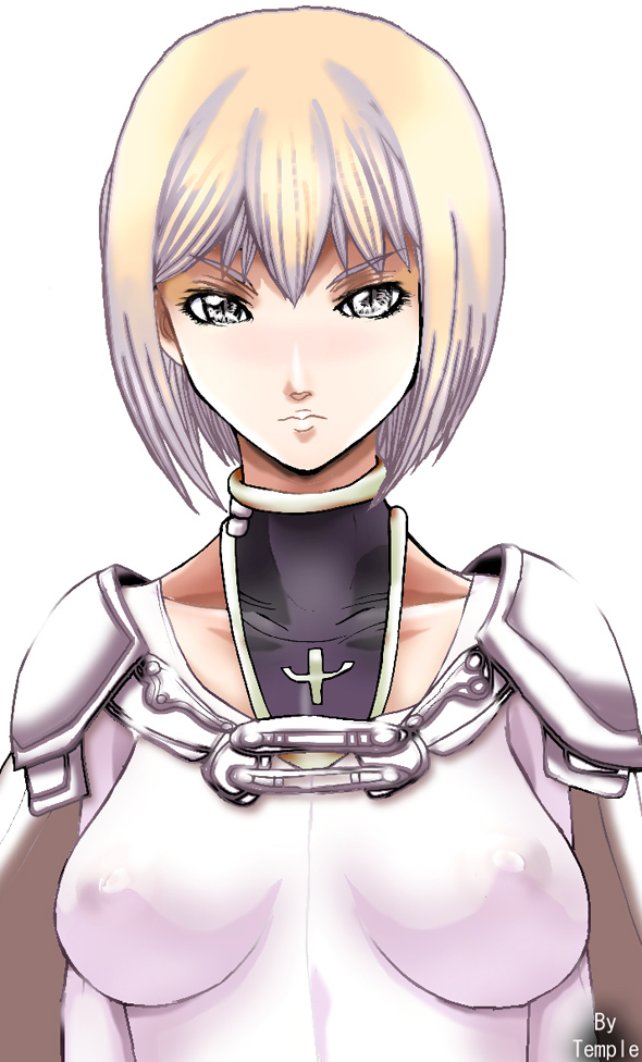 temple (artist), clare (claymore), claymore (series), 00s, 1girl, armor, blonde hair, bodysuit, breasts, cape, covered erect nipples, female focus, grey eyes, impossible clothes, impossible shirt, large breasts, looking at viewer, shirt, short hair, simple background, solo, turtleneck, upper body, white background