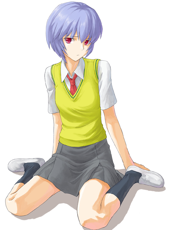 minato fumi, ayanami rei, neon genesis evangelion, 1girl, black socks, blue hair, female focus, frown, full body, grey skirt, kneehighs, necktie, red eyes, red necktie, school uniform, serafuku, shirt, shoes, short hair, short sleeves, simple background, sitting, skirt, socks, solo, sweater vest, vest, wariza, white background, white shirt, wing collar