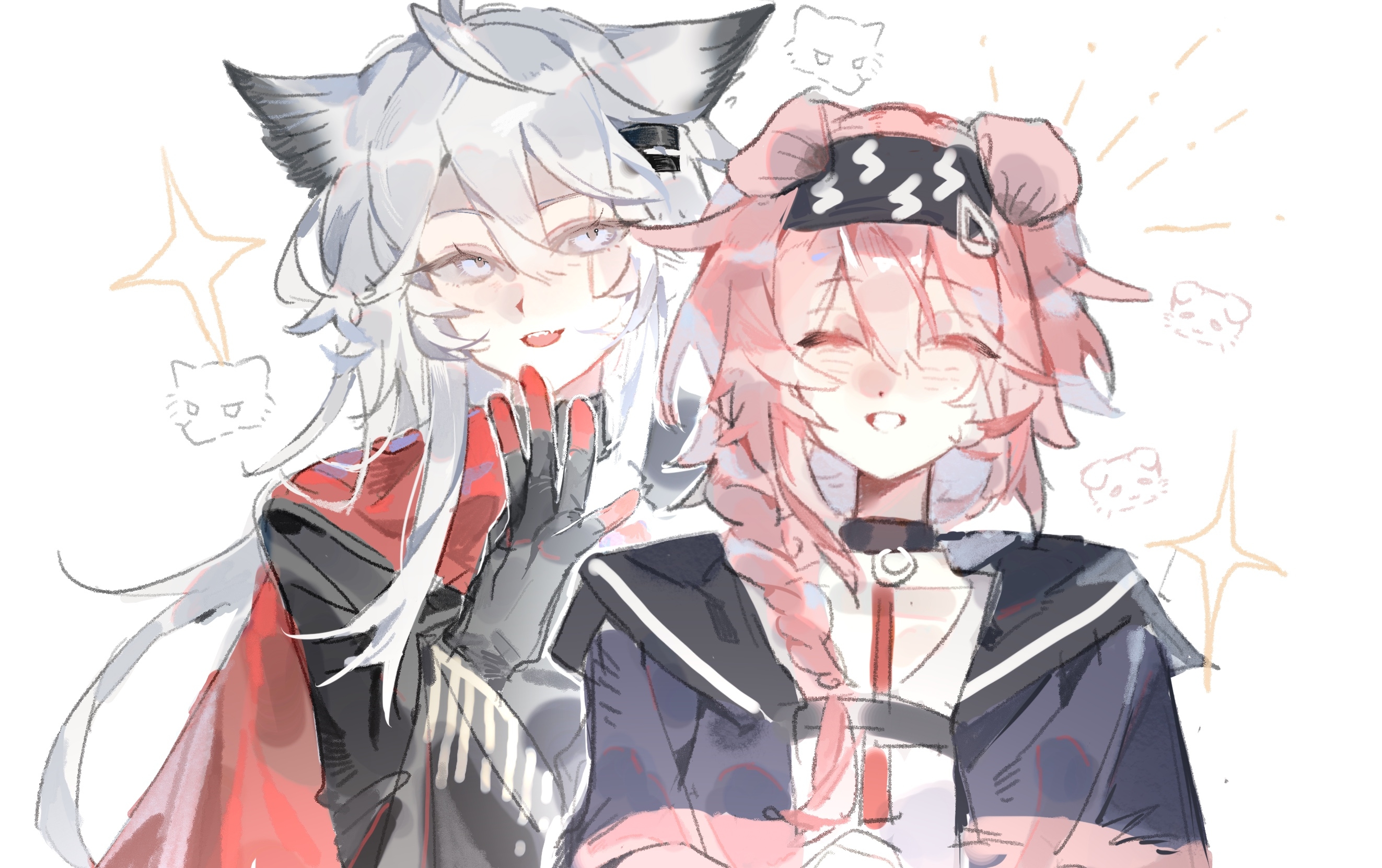 huozhejiushiweileanteku, goldenglow (arknights), lappland (arknights), lappland the decadenza (arknights), arknights, chinese commentary, commentary request, highres, 2girls, :d, ^ ^, animal ears, black gloves, black hairband, cape, closed eyes, facing viewer, gloves, grey eyes, grey hair, grin, hair between eyes, hair ornament, hairband, hairclip, hand on own chin, long hair, looking at viewer, medium hair, multiple girls, open mouth, pink hair, red cape, red gloves, scar, scar across eye, scar on face, smile, sparkle, upper body, white background, wolf ears, wolf girl