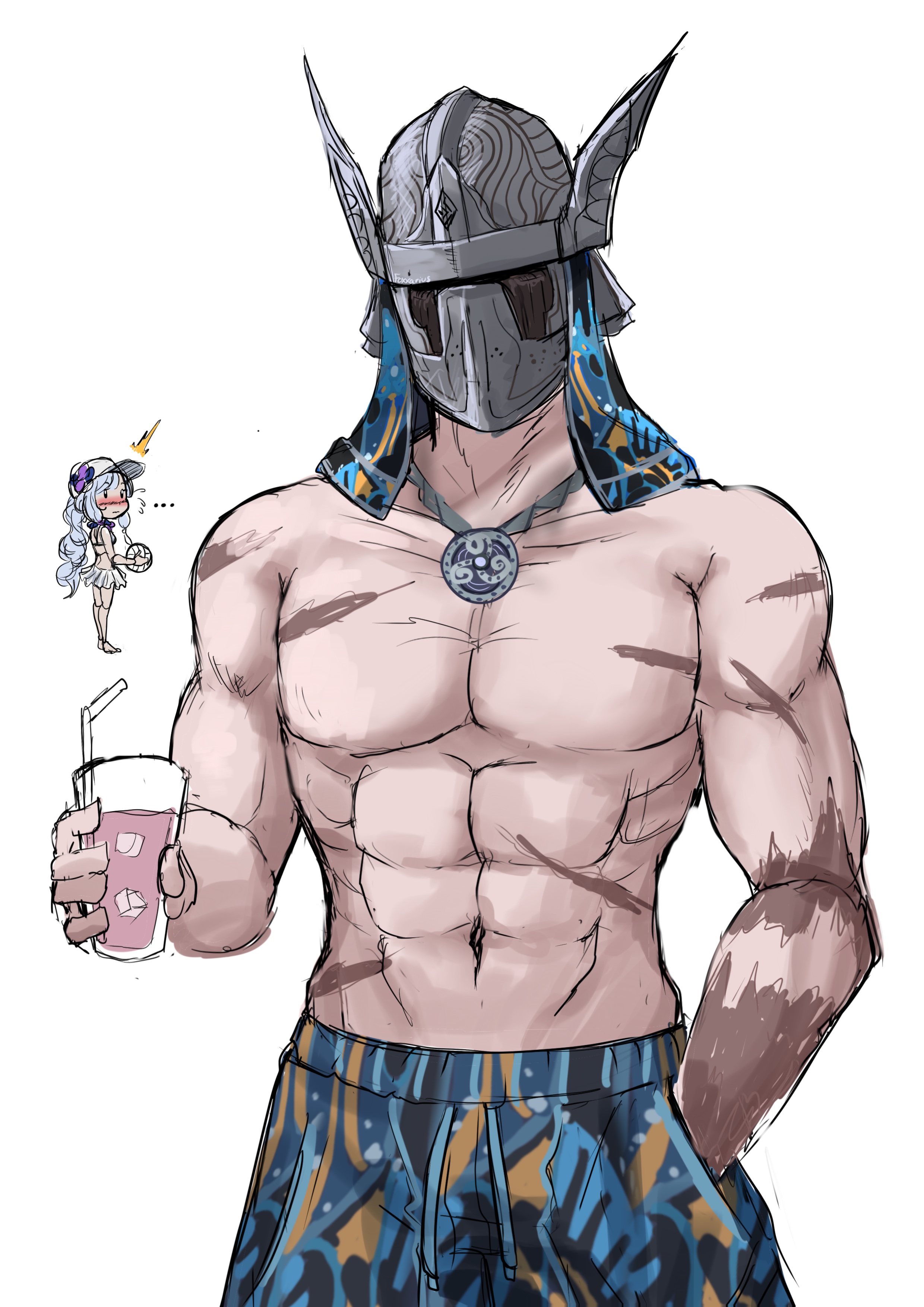 foxxarius, revenant (elden ring), wylder (elden ring), elden ring, elden ring nightreign, absurdres, commentary, english commentary, highres, …, 1boy, 1girl, ^^^, abs, baseball cap, bikini, blue hair, blush, chibi, cup, doll joints, drink, drinking glass, drinking straw, facing viewer, flying sweatdrops, hand in pocket, hat, helm, helmet, holding, holding cup, ice, ice cube, jewelry, joints, long hair, looking at another, male focus, male swimwear, multiple scars, muscular, muscular male, navel, no nipples, nose blush, pectorals, pendant, scar, scar on arm, scar on chest, scar on shoulder, scar on stomach, scars all over, simple background, sketch, solo focus, standing, stomach, swimsuit, too many, very long hair, white background