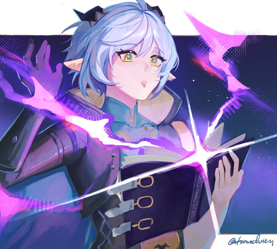 tomodurien, zenless zone zero, commentary, 1girl, artist name, blue hair, book, hand up, holding, holding book, horns, lucia (zenless zone zero), pointy ears, short hair, signature, single bare shoulder, solo, upper body, yellow eyes