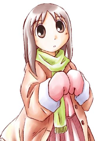 kasuga ayumu, azumanga daiou, artist request, lowres, tagme, 1girl, brown eyes, brown hair, dot nose, female focus, green scarf, looking at viewer, mittens, pink mittens, scarf, simple background, solo, upper body, white background, winter clothes