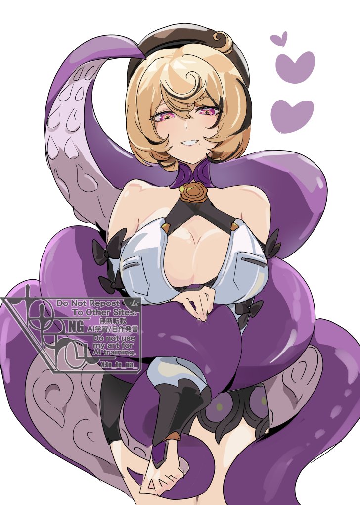 to te na, yidhari (zenless zone zero), zenless zone zero, 1girl, bare shoulders, beret, blonde hair, breasts, brown hat, cowboy shot, grin, hat, heart, large breasts, looking at viewer, mole, mole under mouth, purple eyes, short hair, simple background, smile, solo, standing, tentacles, thighs, white background