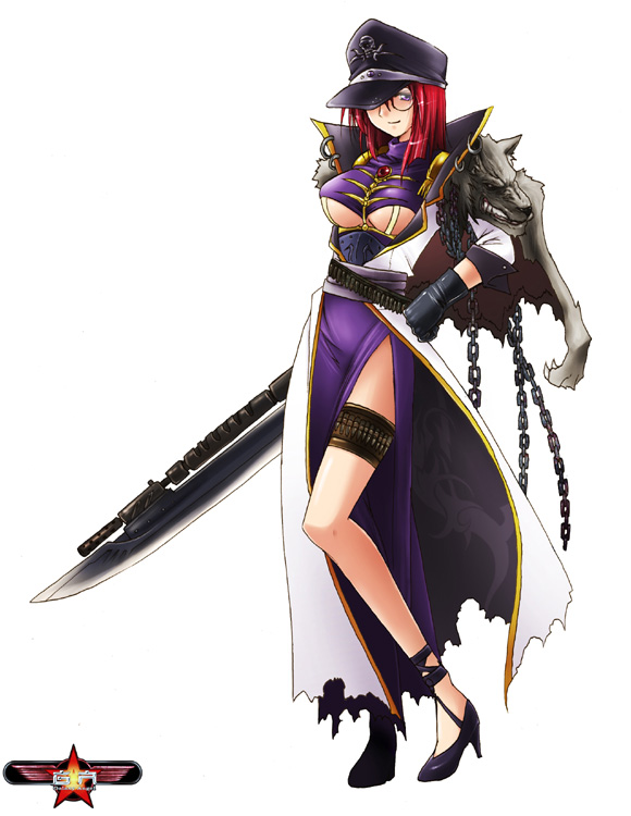 kaiga, forte stollen, broccoli (company), galaxy angel, 00s, 1girl, blue eyes, breasts, chain, dress, female focus, frilled thigh strap, glasses, gun, high heels, large breasts, lingerie, long dress, long legs, looking at viewer, monocle, purple dress, red hair, shoes, simple background, solo, thigh strap, underboob, underwear, weapon, white background