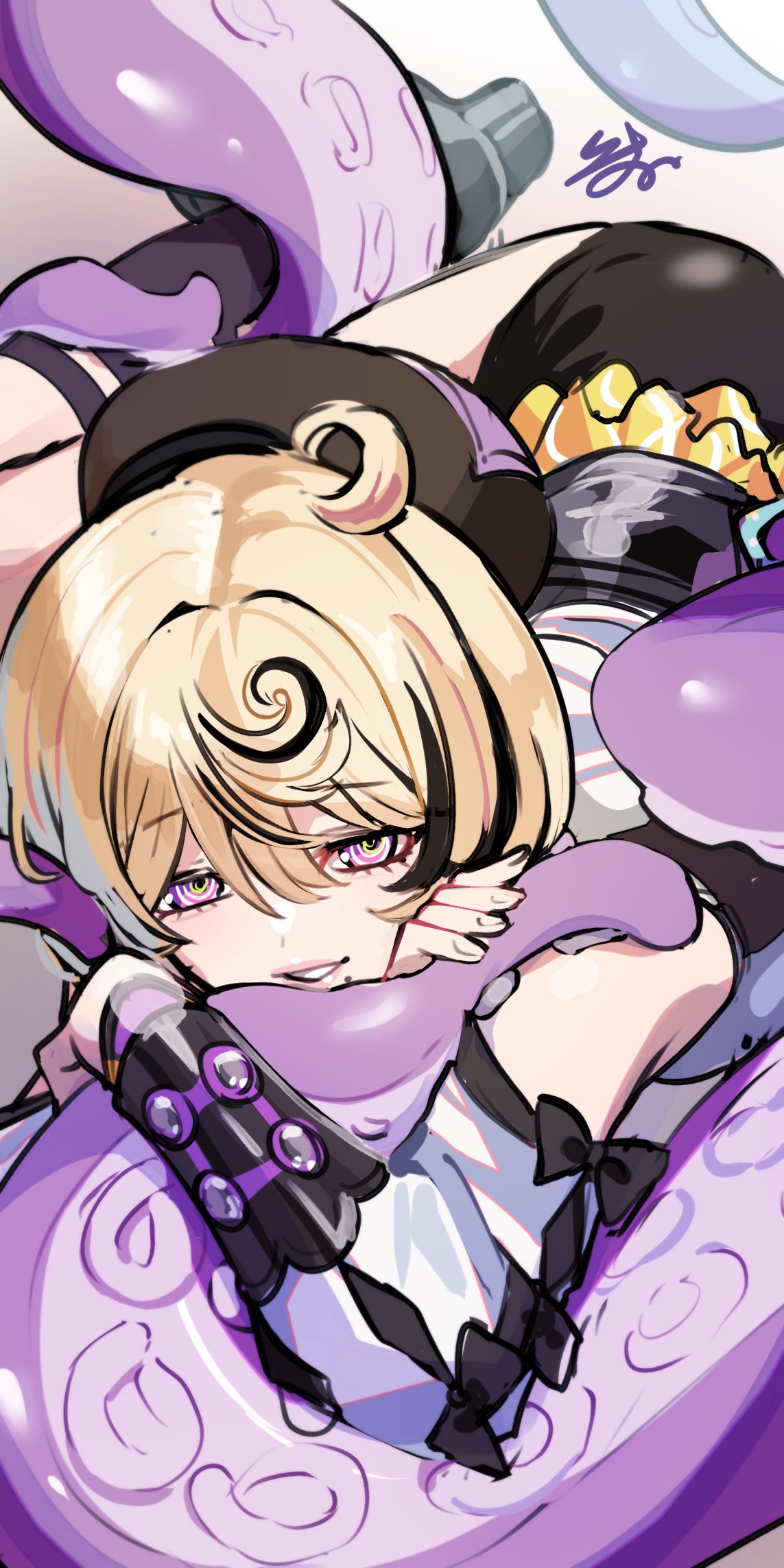isuka, yidhari (zenless zone zero), zenless zone zero, commentary request, highres, 1girl, bare shoulders, blonde hair, detached sleeves, grin, long sleeves, looking at viewer, purple eyes, short hair, smile, solo, tentacles
