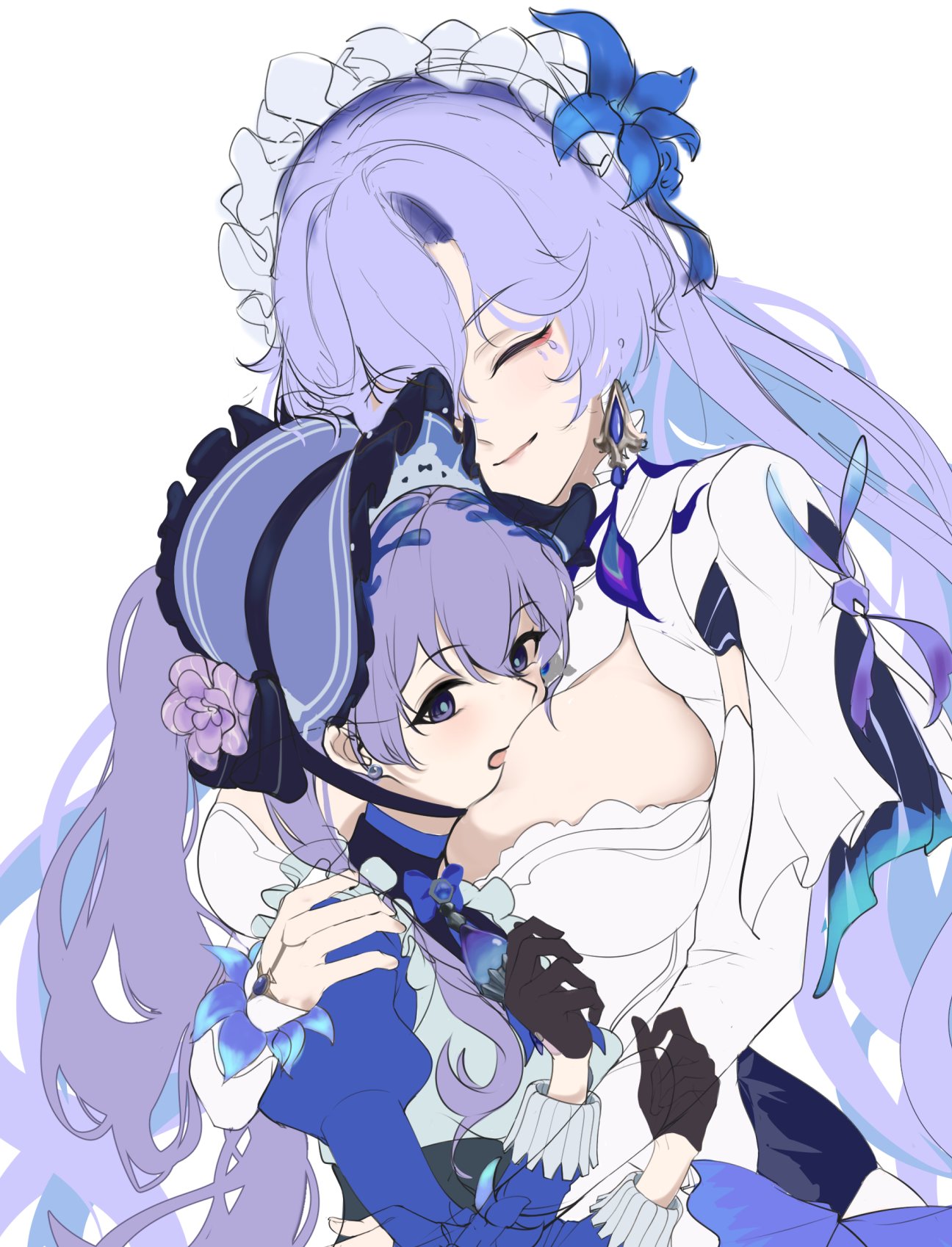 road757, cantarella (wuthering waves), rosemary (wuthering waves), wuthering waves, highres, 2girls, apron, between breasts, black gloves, blush, bonnet, breasts, center opening, closed mouth, dress, earrings, facial mark, flower, gloves, hair between eyes, hat, hat flower, headdress, hug, jewelry, large breasts, long hair, looking at viewer, maid, mark under eye, multiple girls, necklace, purple bonnet, purple eyes, purple flower, purple hair, purple pupils, simple background, small breasts, smile, upper body, white apron, white dress