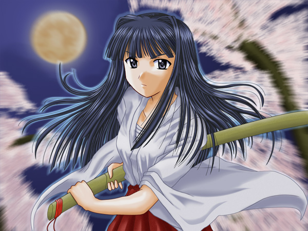 aoyama motoko, love hina, black hair, japanese clothes, miko, sword, weapon