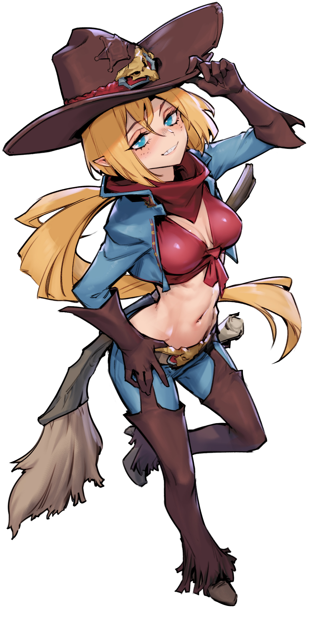 phantom ix row, original, absurdres, highres, 1girl, blonde hair, blue eyes, breasts, brown gloves, brown hat, brown pants, cowboy hat, crop top, denim, freckles, full body, gloves, grin, hat, jeans, long hair, medium breasts, navel, pants, pointy ears, shiny clothes, shiny skin, simple background, smile, solo, stomach, teeth, white background, xephyria (phantom ix row)