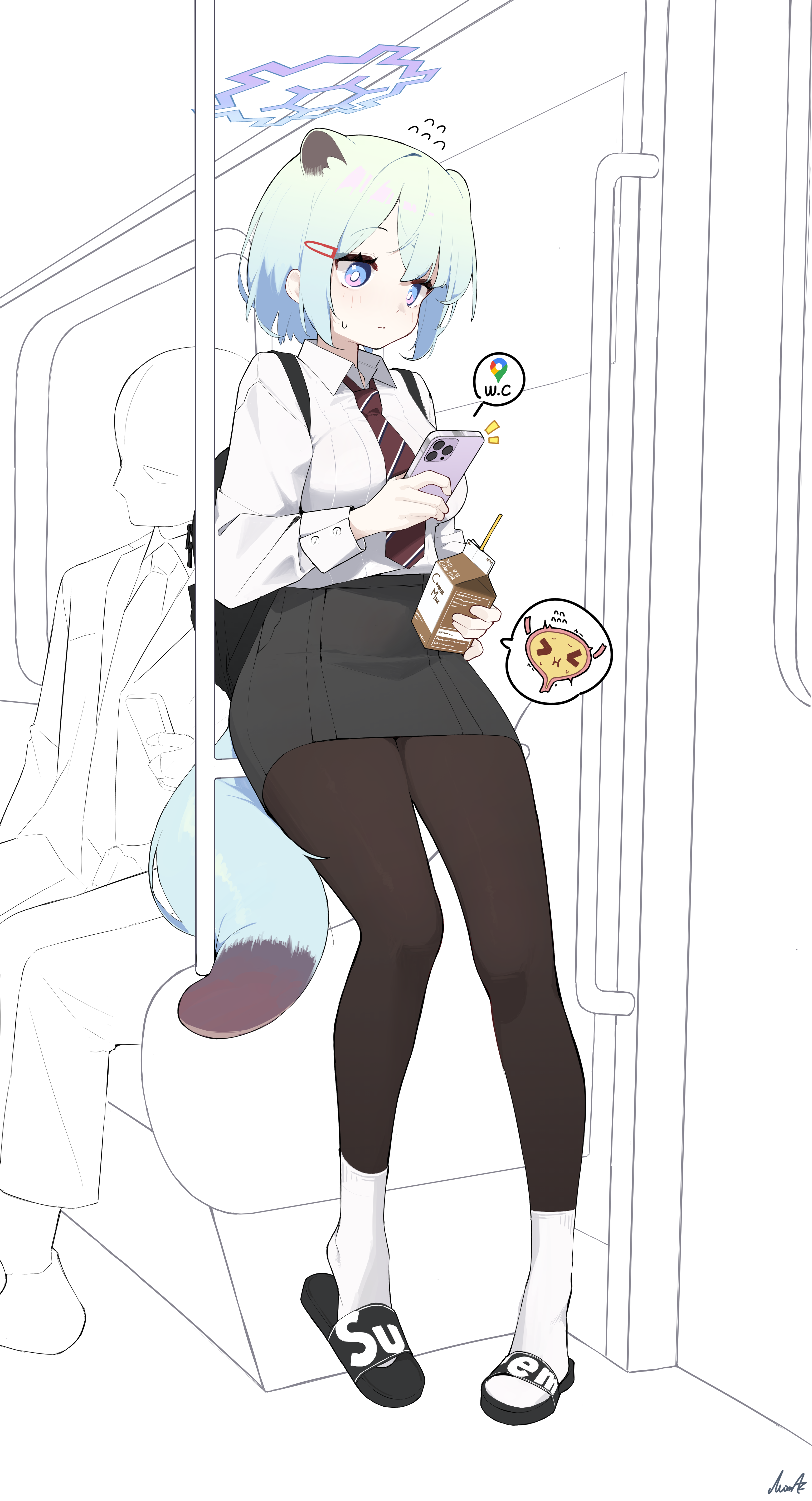 mona kkkk, shigure (blue archive), blue archive, absurdres, commentary, highres, 1boy, 1girl, alternate costume, animal ears, bald, black skirt, bladder, bright pupils, brown pantyhose, cellphone, faceless, faceless male, flying sweatdrops, full body, green hair, halo, have to pee, holding, holding milk carton, holding phone, looking at phone, milk carton, necktie, pantyhose, partially colored, phone, school uniform, shirt, shirt tucked in, short hair, signature, skirt, slippers, smartphone, socks, socks over pantyhose, solo focus, striped necktie, sweatdrop, tail, train interior, weasel ears, weasel girl, weasel tail, white pupils, white shirt, white socks