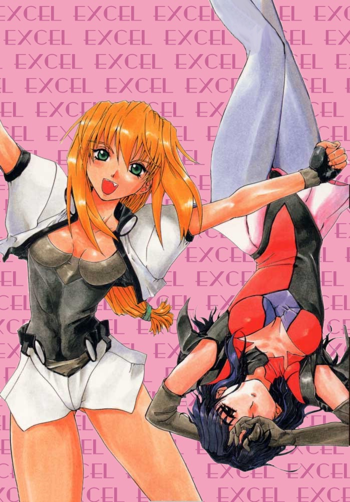 rikudou koushi, excel, hyatt, excel saga, 1990s (style), 2girls, blonde hair, blue hair, breasts, cleavage, elbow gloves, fang, fingerless gloves, gloves, green eyes, long hair, low-tied long hair, multiple girls, open mouth, pink background, retro artstyle