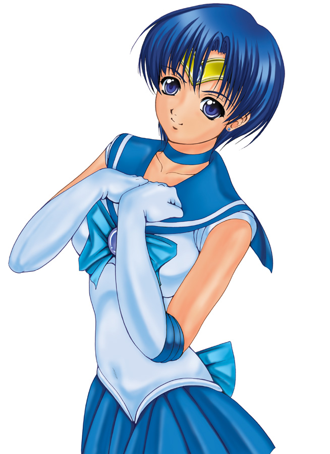 mizuno ami, sailor mercury, bishoujo senshi sailor moon, 1990s (style), 1girl, blue eyes, blue hair, breasts, female focus, matching hair/eyes, retro artstyle, school uniform, serafuku, simple background, solo, white background