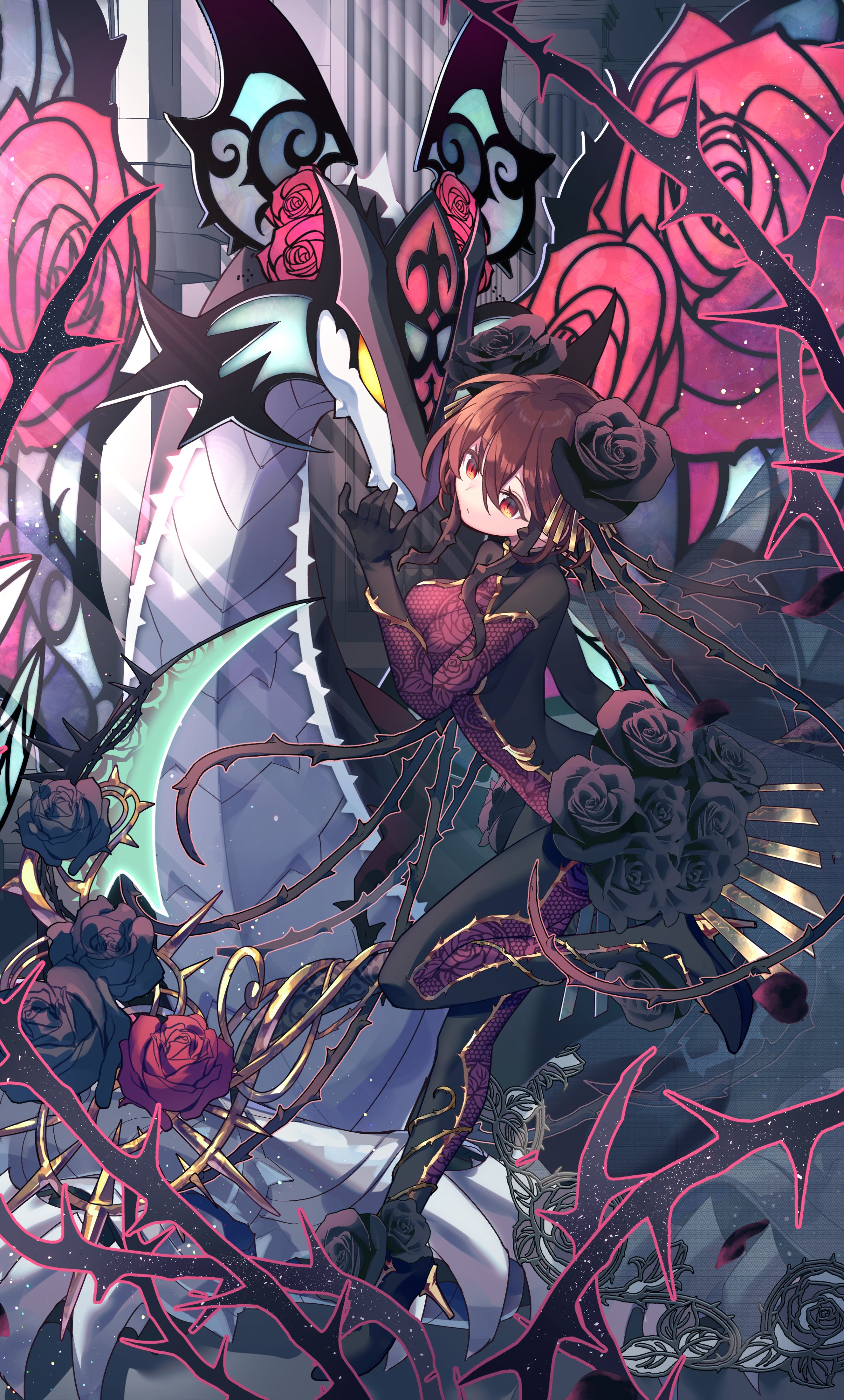 kuuron (moesann17), puzzle & dragons, absurdres, highres, 1girl, 1other, black bodysuit, black dress, black flower, black gloves, black rose, bodysuit, brown hair, dragon, dress, flower, gloves, hair flower, hair ornament, long hair, red eyes, red flower, red rose, rose, rosetta (p&d), starling (p&d)