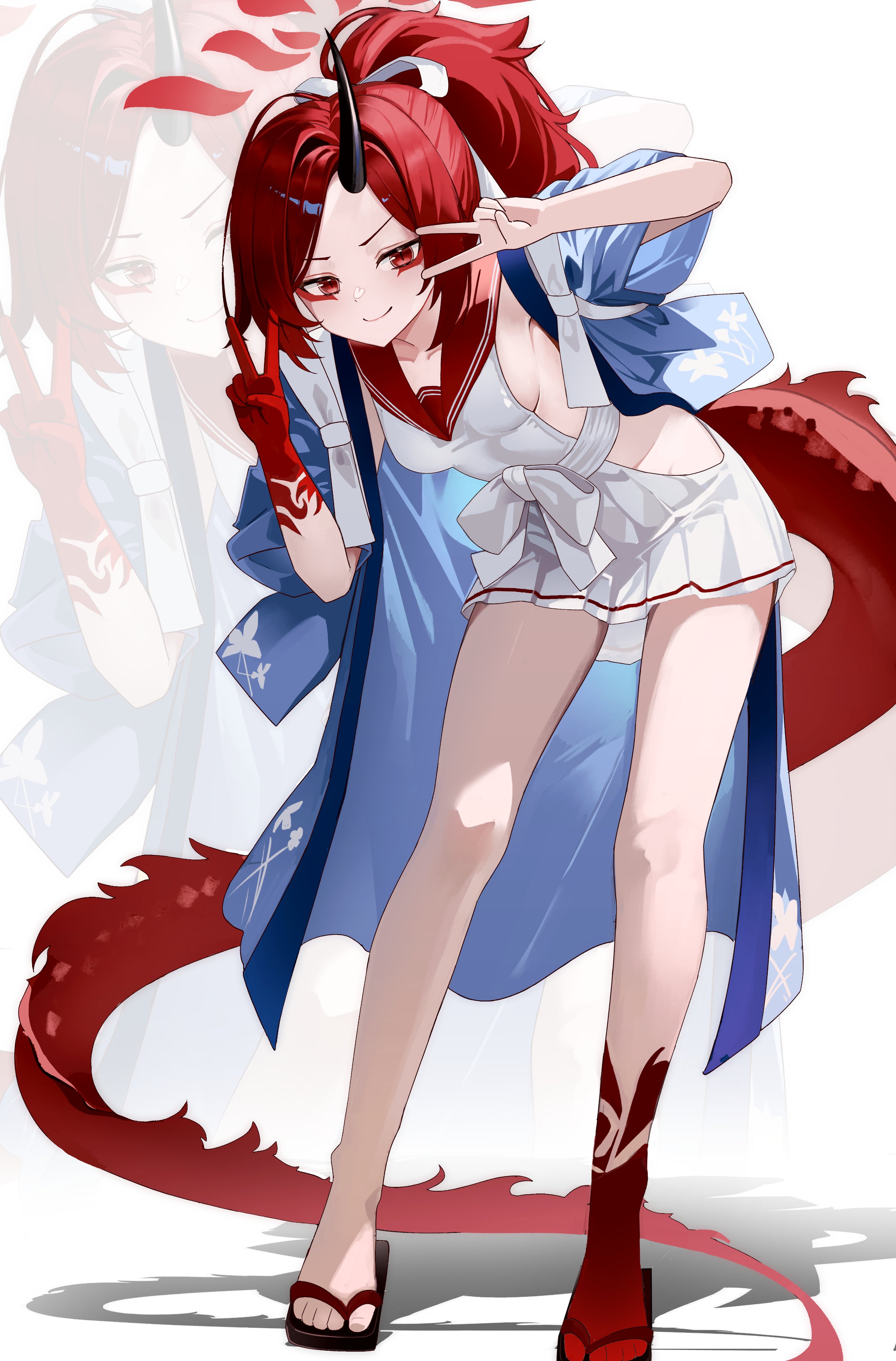 gaha03, renge (blue archive), blue archive, absurdres, highres, 1girl, black horns, breasts, colored extremities, double v, halo, horns, ponytail, red eyes, red hair, red halo, red hands, red sailor collar, sailor collar, school uniform, serafuku, shirt, skirt, small breasts, solo, thighs, v, white serafuku, white shirt, white skirt