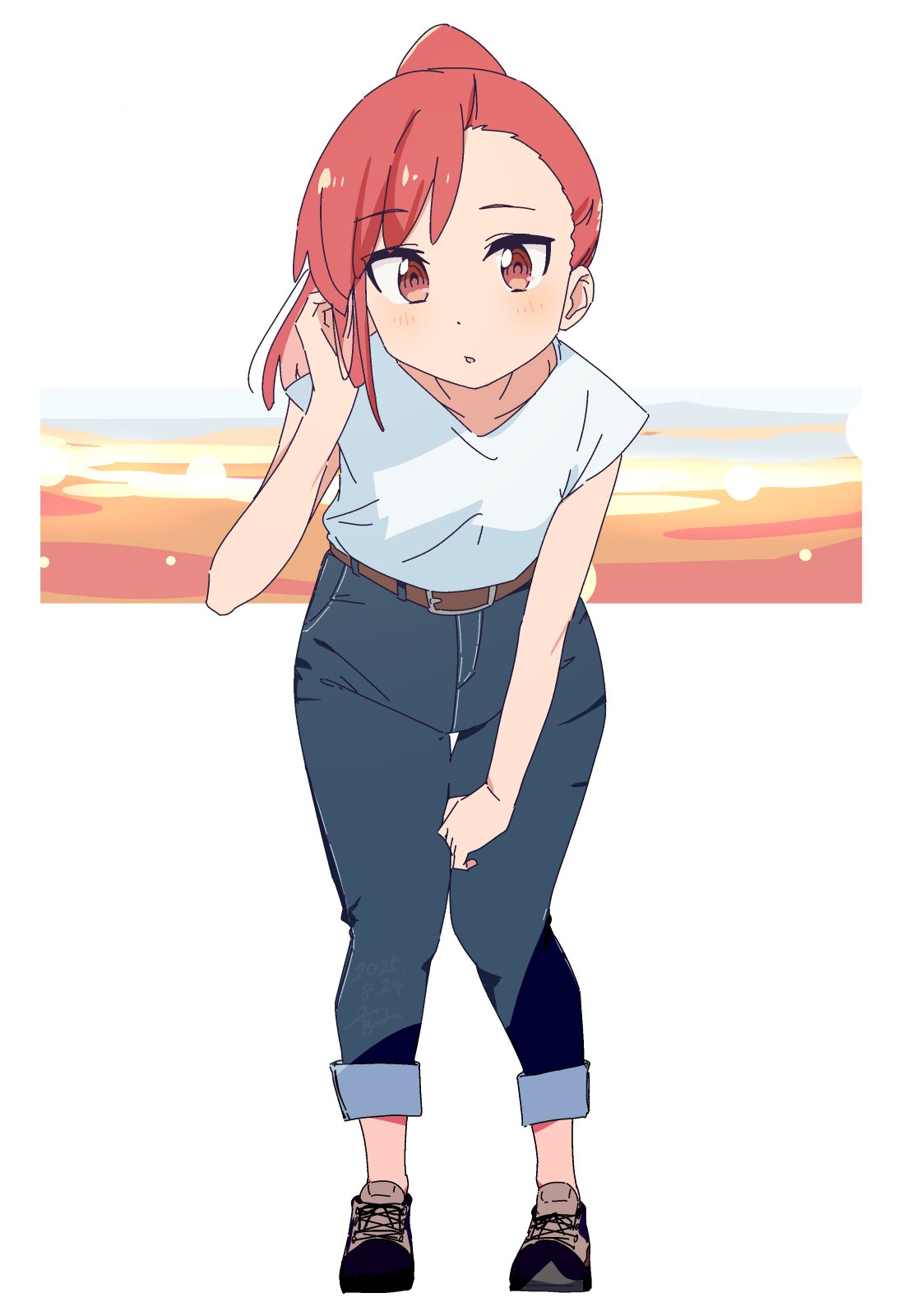 bluearcadegames, seto shouko, ruri no houseki, highres, 1girl, belt, blush, brown eyes, denim, full body, jeans, long hair, looking at viewer, pants, ponytail, red eyes, red hair, shirt, shoes, short sleeves, solo