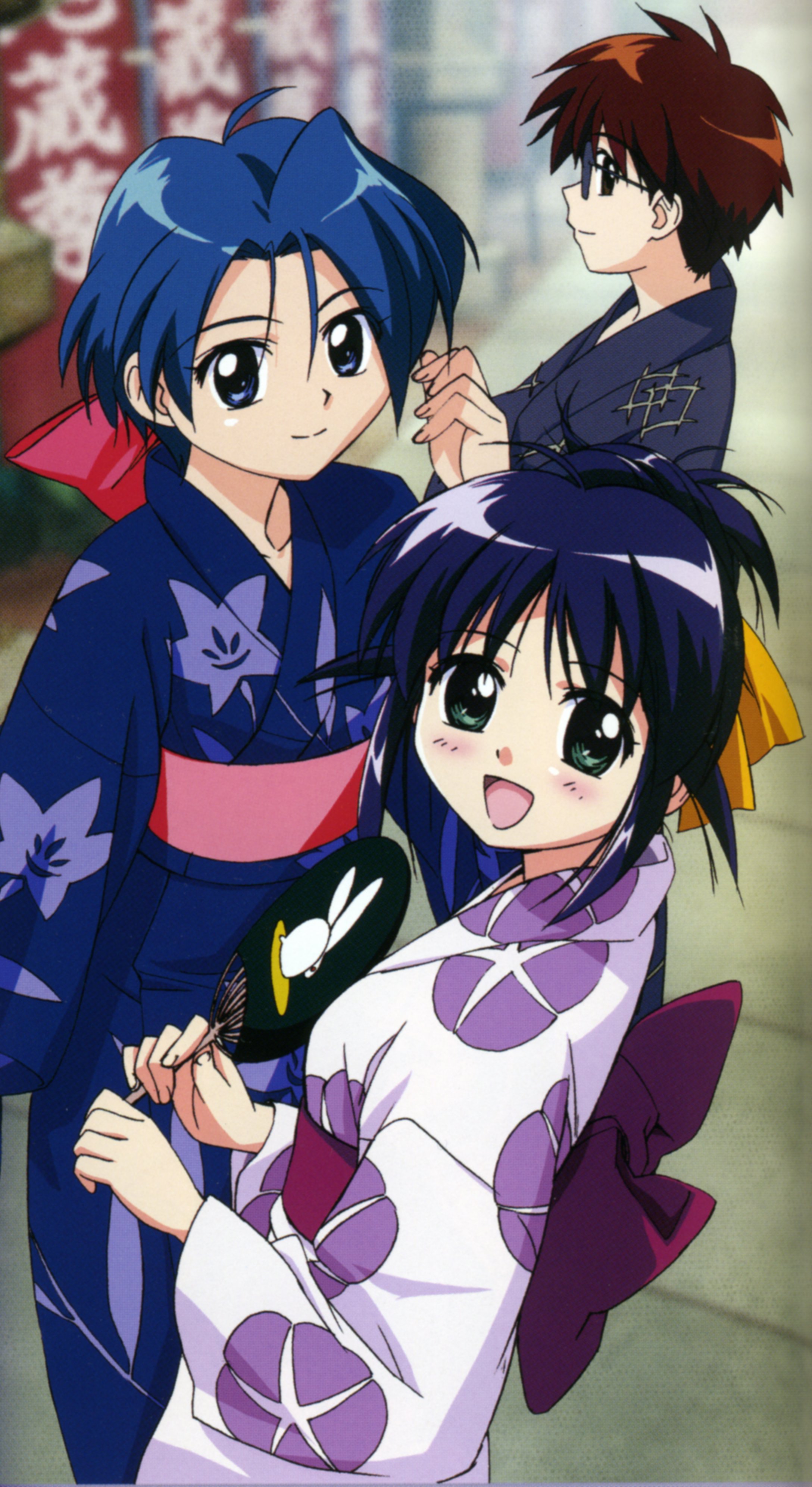 andou mahoro, sakura miyuki, mahoromatic, absurdres, highres, blue eyes, blue hair, green eyes, japanese clothes, kimono