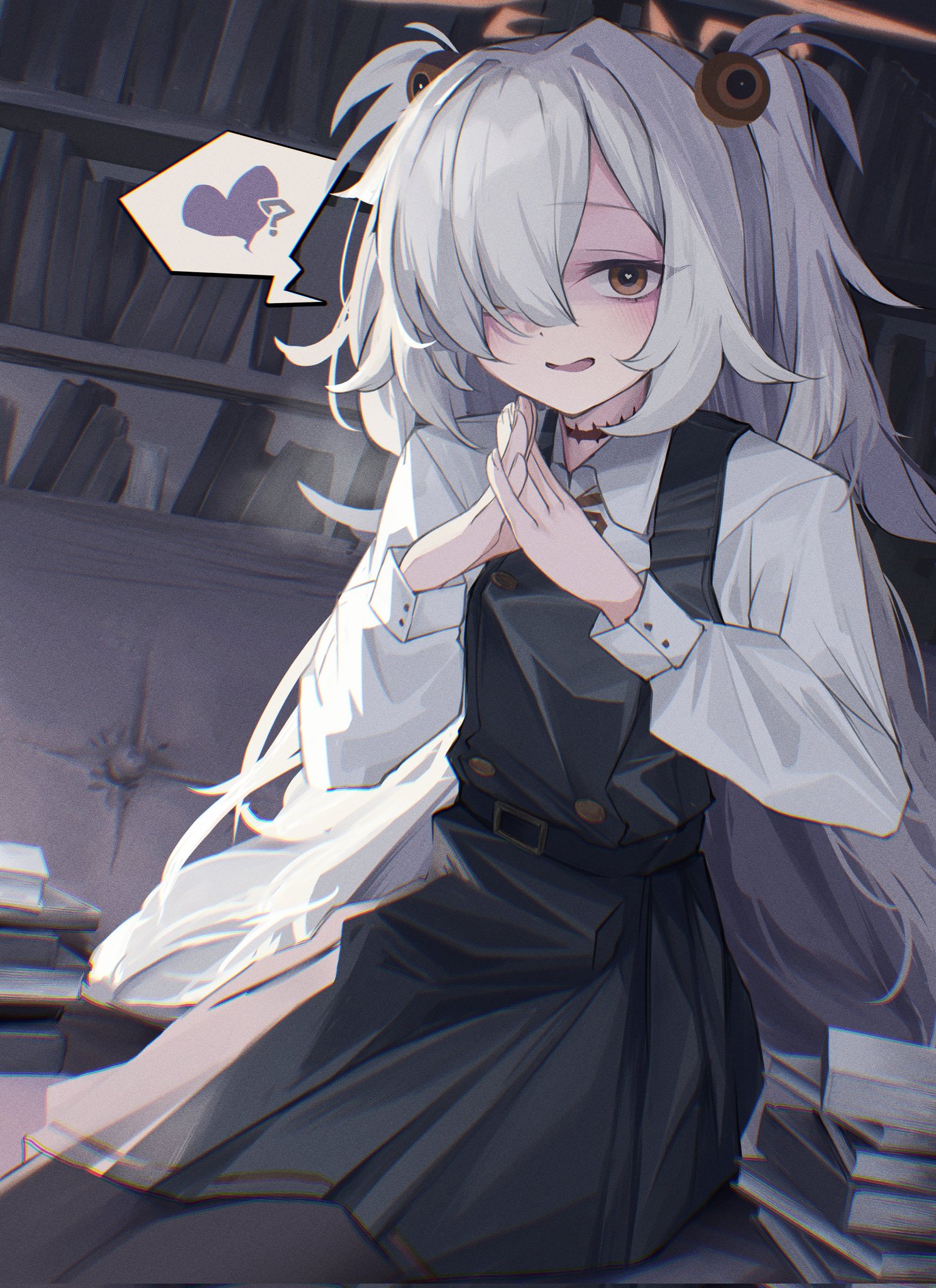 supic1711, kanoe (blue archive), blue archive, highres, 1girl, black dress, black pantyhose, collared shirt, dress, hair over one eye, halo, heart, indoors, long hair, long sleeves, looking at viewer, open mouth, pantyhose, pinafore dress, ribbon, shirt, sleeveless, sleeveless dress, solo, spoken heart, steepled fingers, two side up, white shirt