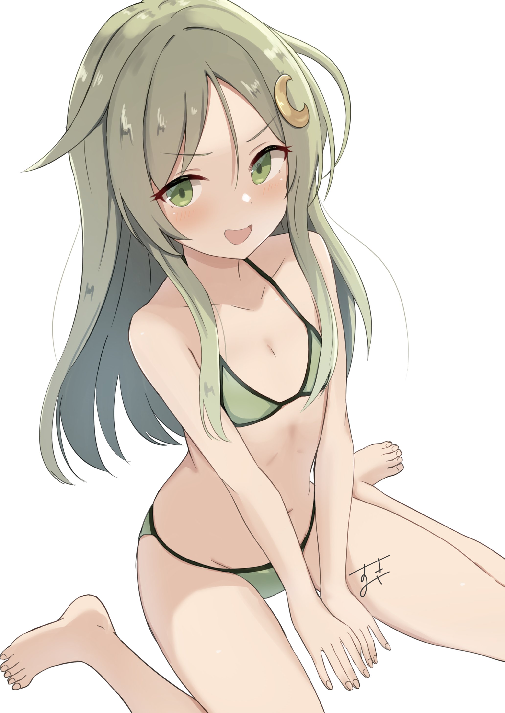 sukimizaki, nagatsuki (kancolle), kantai collection, absurdres, highres, 1girl, bare arms, bare legs, bare shoulders, between thighs, bikini, blush, collarbone, dot nose, flat chest, green bikini, green eyes, green hair, hair ornament, hands between thighs, knees out of frame, long hair, navel, open mouth, petite, sitting, solo, stomach, straight hair, swimsuit, wariza
