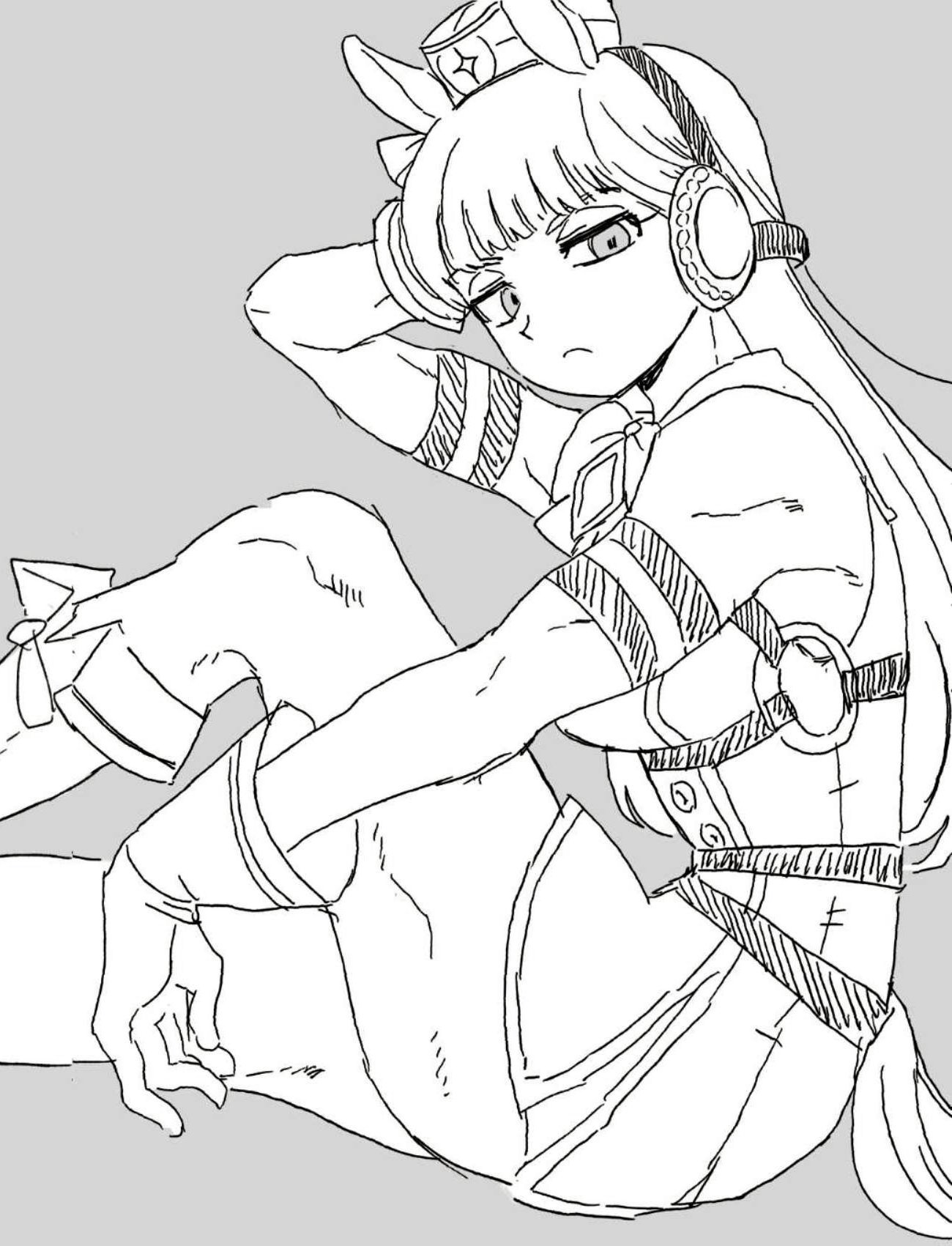 umamusume, highres, 1girl, animal ears, headphones, long hair, monochrome, qnfrjswjsrmfla, sidelocks, simple background, solo