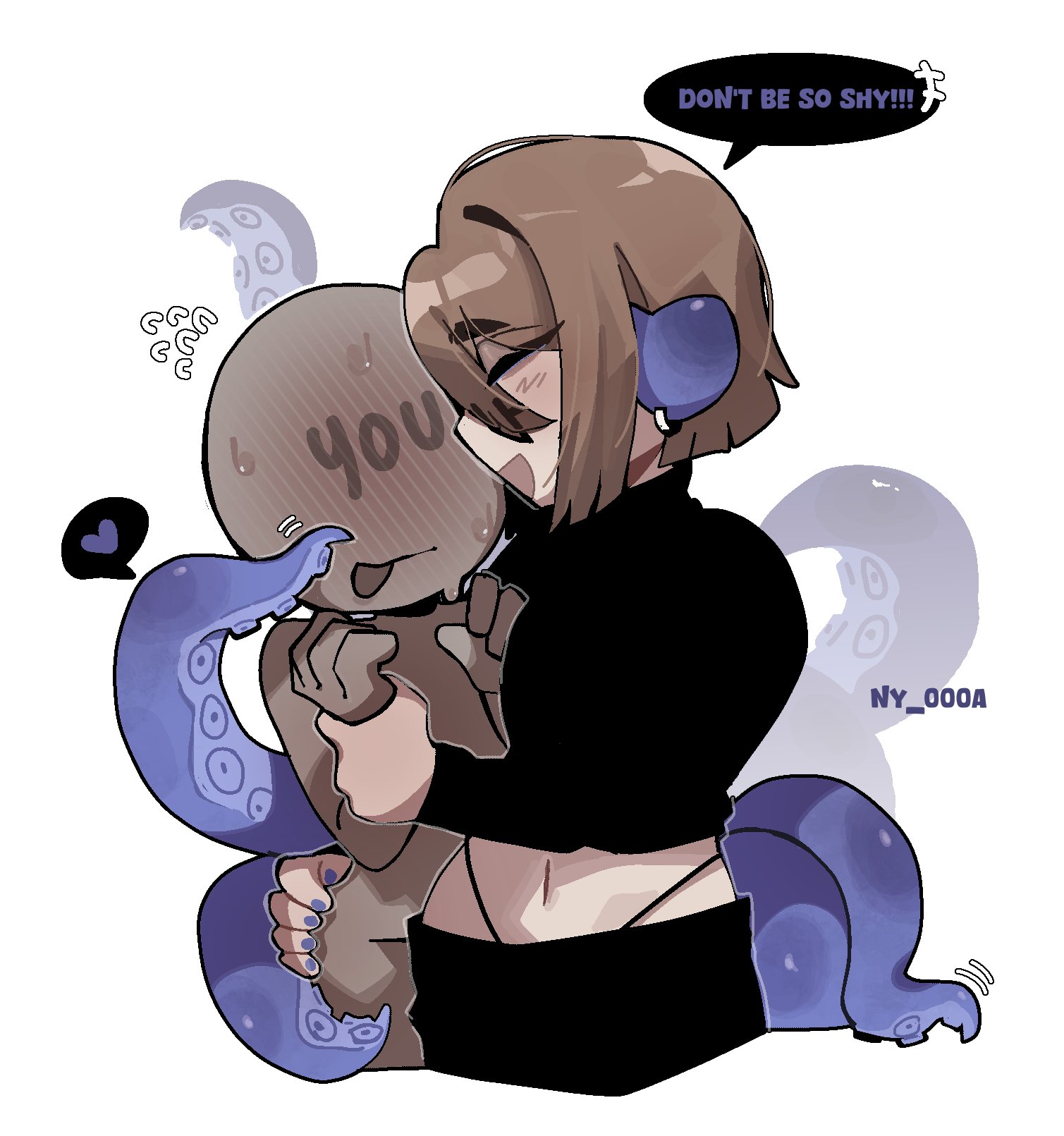 ny 000a, original, highres, 1girl, 1other, :d, :o, blue nails, blush, brown hair, closed eyes, earrings, english text, faceless, heart, jewelry, monster girl, nail polish, navel, open mouth, scylla, short hair, smile, speech bubble, spoken heart, stomach, sweat, white background