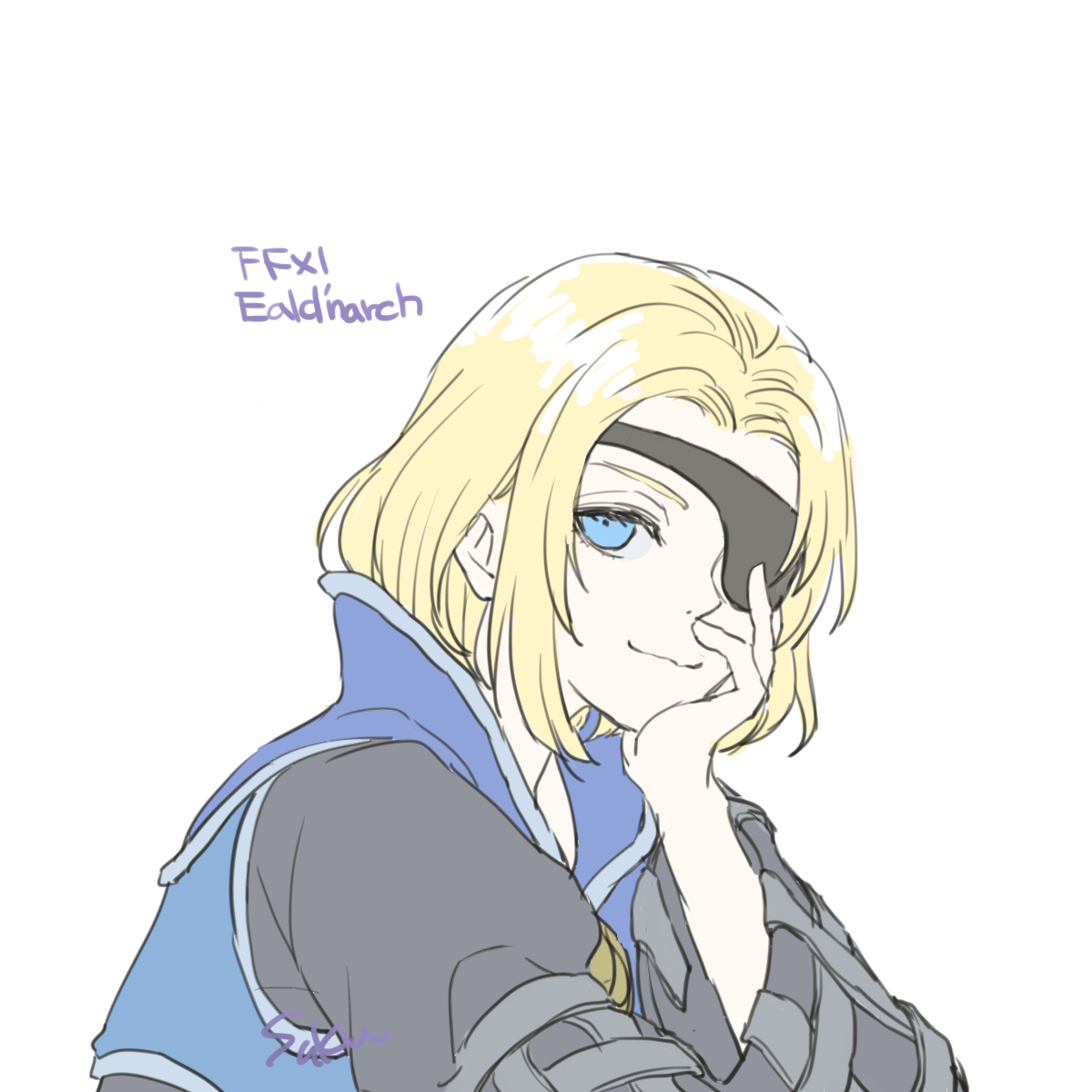 saku ff11, final fantasy, final fantasy xi, highres, 1boy, artist name, blonde hair, blue eyes, character name, copyright name, eald'narche, eyepatch, hand on own chin, head rest, looking to the side, male focus, short hair, simple background, sketch, smile, solo, upper body, white background