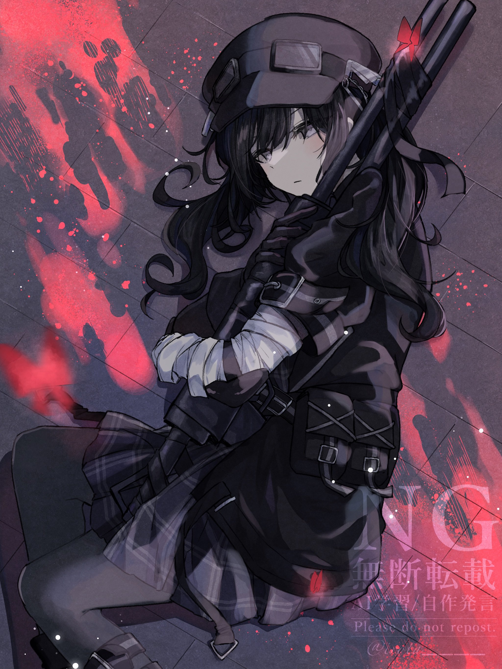 airota, mahou shoujo no majo saiban, absurdres, highres, 1girl, bandaged arm, bandages, black bag, black dress, black gloves, black hair, black hat, black pantyhose, blood, blood splatter, bug, butterfly, dress, expressionless, gloves, goggles, goggles on headwear, grey eyes, gun, hat, holding, holding gun, holding weapon, insect, kurobe nanoka, long hair, lying, on floor, on side, pantyhose, red butterfly, rifle, solo, watermark, weapon