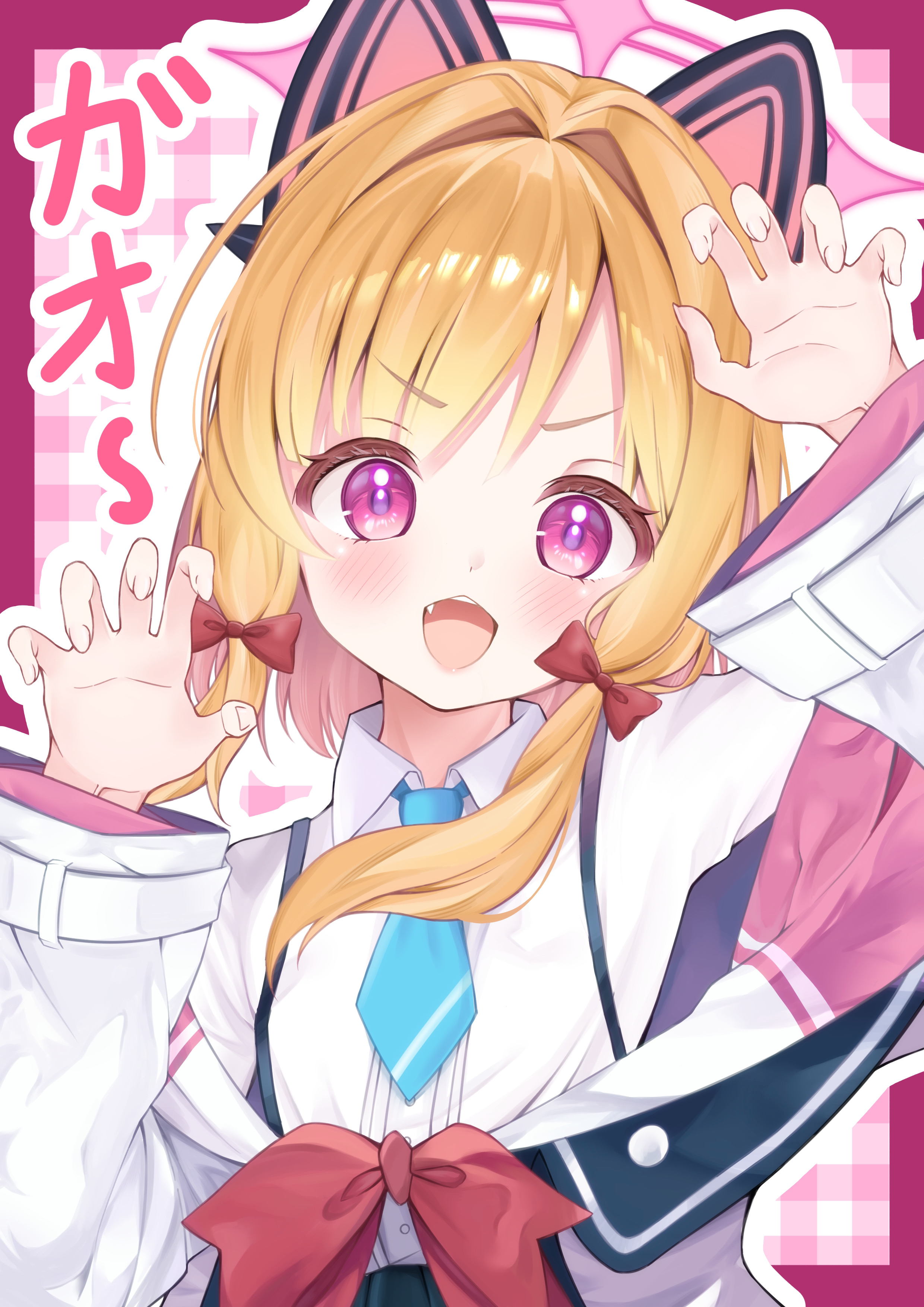 momoi (blue archive), blue archive, absurdres, commentary request, highres, 1girl, animal ear headphones, animal ears, blonde hair, blush, bow, buttons, cat ear headphones, cat ears, character name, claw pose, collared shirt, dress shirt, eyes visible through hair, fake animal ears, fang, hair bow, hair intakes, halo, hands up, head tilt, headphones, jacket, kumaneko vvw, long sleeves, looking at viewer, low-tied sidelocks, multicolored jacket, off shoulder, open mouth, outline, parted bangs, pink background, pink eyes, pink halo, pink jacket, red bow, shirt, shirt tucked in, short hair, sidelocks, smile, solo, suspenders, tareme, teeth, upper body, upper teeth only, v-shaped eyebrows, white jacket, white outline, white shirt, wide sleeves