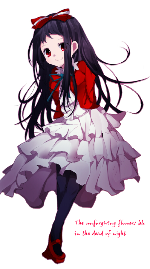 yamazaki haruno, higanbana (higanbana no saku yoru ni), higanbana no saku yoru ni, 1girl, black hair, blazer, bow, dress, english text, frills, green ribbon, hair bow, jacket, long hair, looking at viewer, red bow, red eyes, ribbon, simple background, smile, solo, striped bow, white background, white dress