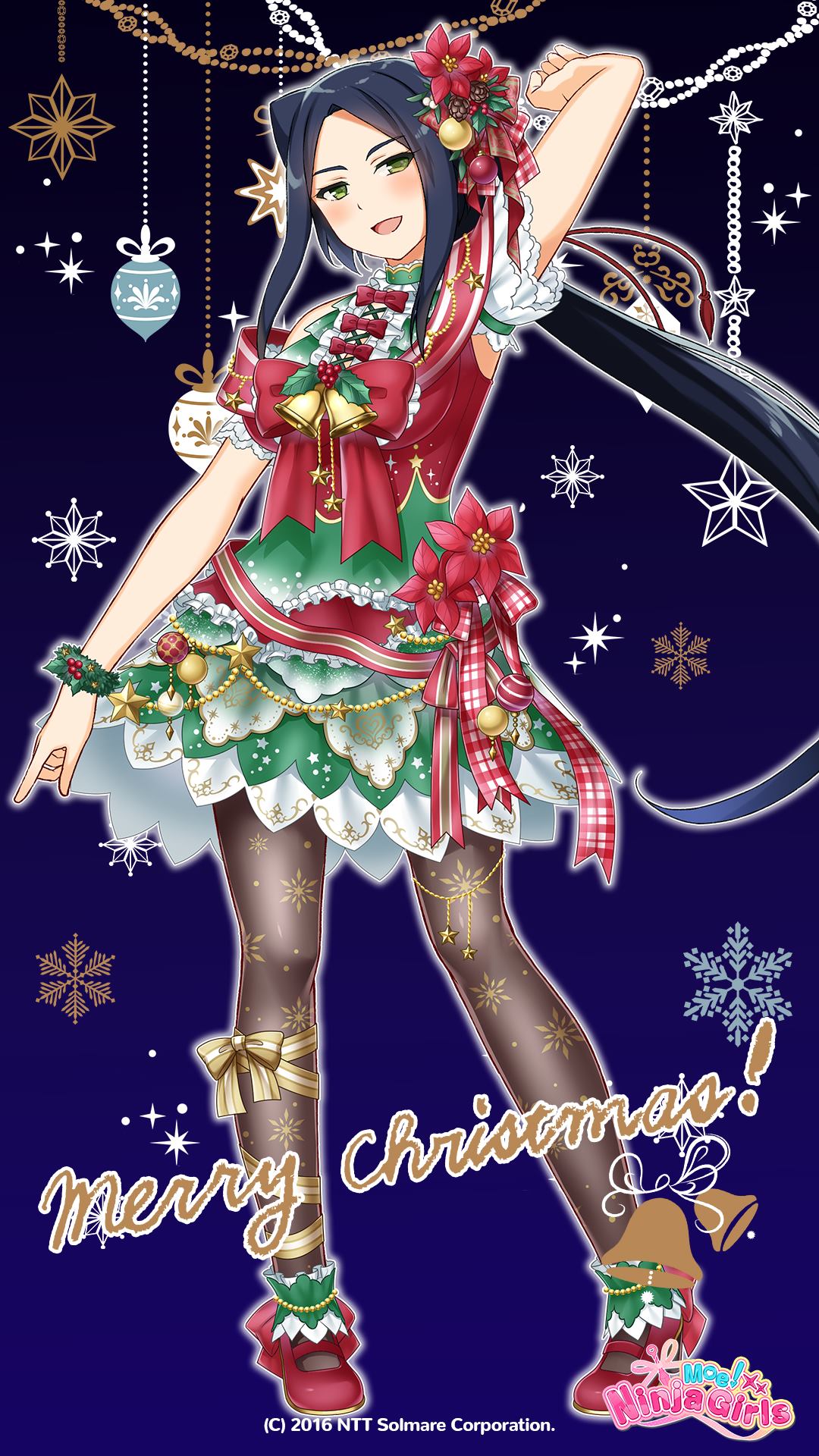 fuma lily, moe! ninja girls, highres, official art, 1girl, arm up, blue hair, breasts, christmas, christmas hair ornament, christmas tree costume, dress, full body, green eyes, high heels, logo, merry christmas, open mouth, pantyhose, red ribbon, ribbon, santa costume, santa dress, snowflakes, solo, standing, star (symbol)