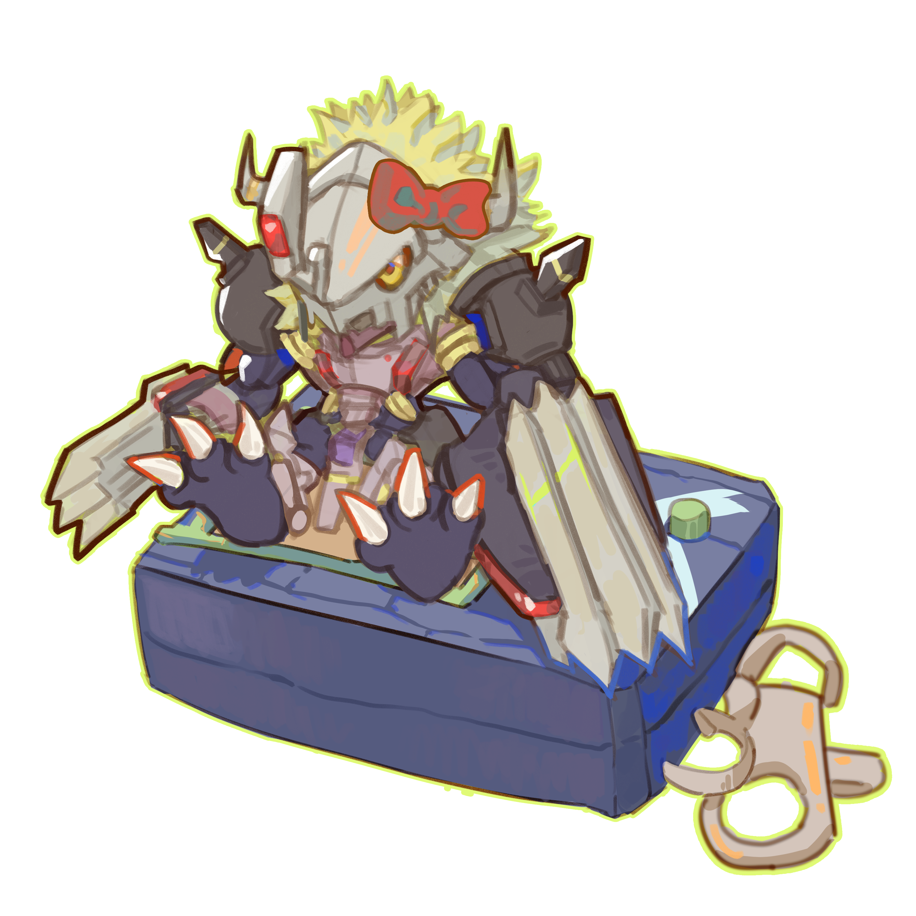 765 nanami, blackwargreymon, blackwargreymon x-antibody, digimon, absurdres, highres, armor, black armor, blonde hair, claw (weapon), digimon (creature), digimon (virtual pet), dragon, full body, horns, red ribbon, ribbon, short hair, sitting, virtual pet (toy), weapon