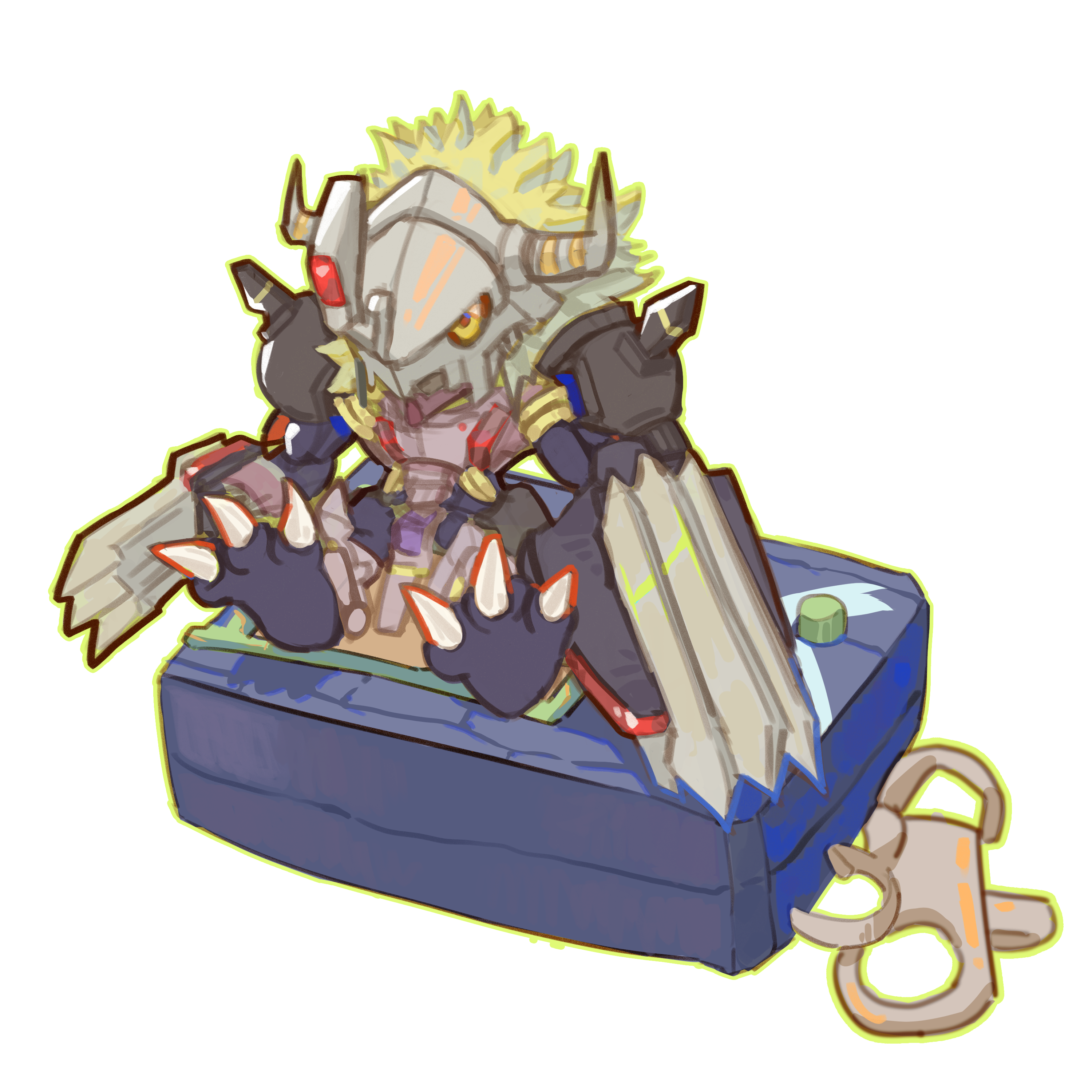 765 nanami, blackwargreymon, blackwargreymon x-antibody, digimon, absurdres, highres, armor, black armor, blonde hair, claw (weapon), digimon (creature), digimon (virtual pet), dragon, full body, horns, short hair, sitting, virtual pet (toy), weapon