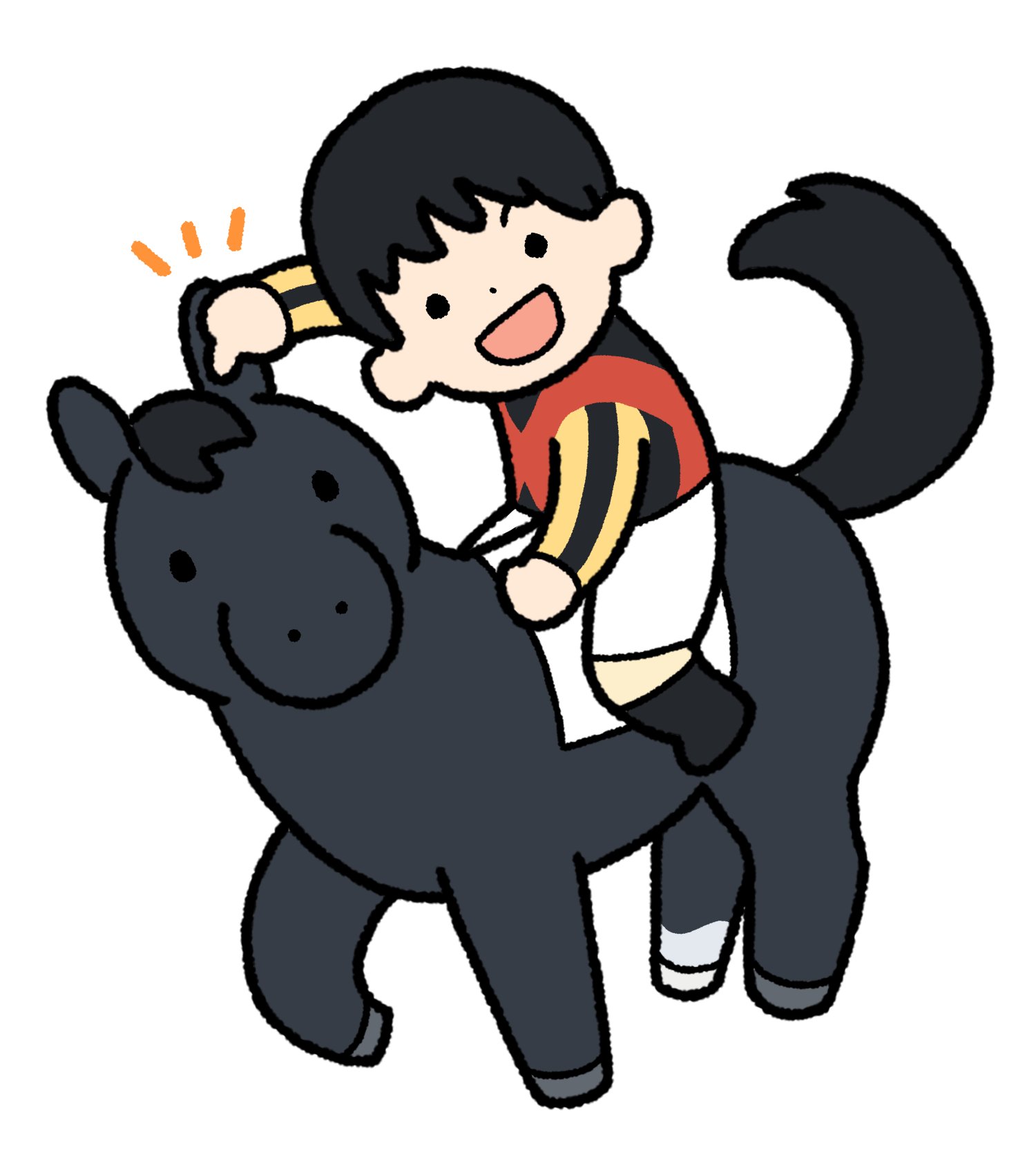 takadano paka, real life, highres, 1boy, :d, animal focus, black boots, black hair, boots, croix du nord (racehorse), horse, kitamura yuuichi (jockey), long sleeves, looking at viewer, open mouth, pants, pointing, pointing at another, racing colors, short hair, simple background, smile, white background, white pants