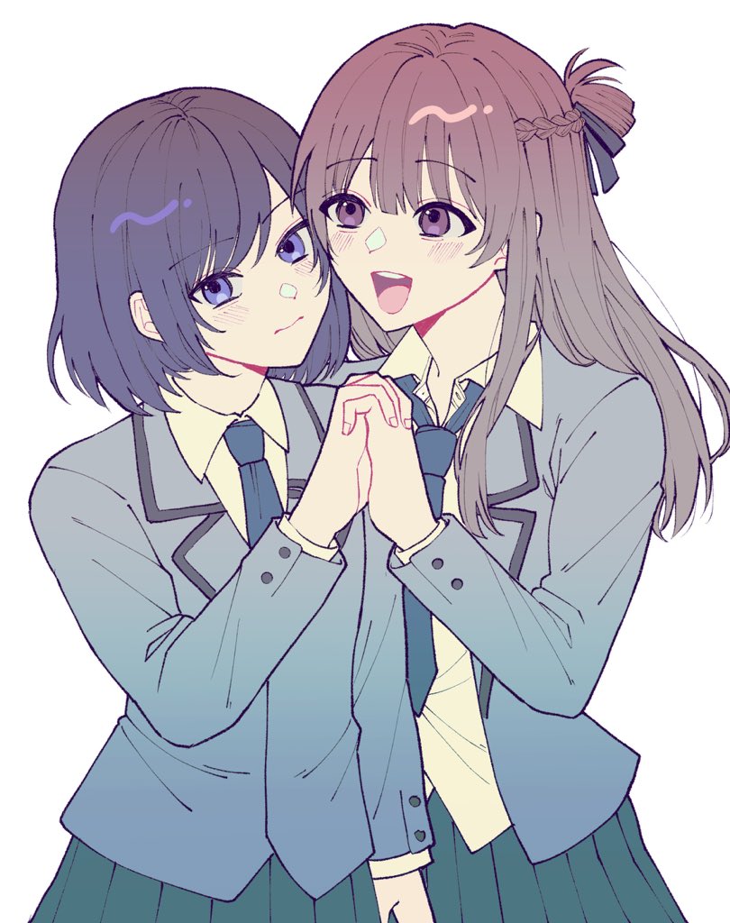 miyagi shiori, sendai hazuki, shuuniichido classmate wo kau hanashi, 2girls, blue eyes, blue hair, blush, braid, brown hair, closed mouth, collared shirt, half up braid, holding hands, interlocked fingers, long hair, long sleeves, medium hair, multiple girls, necktie, open mouth, pleated skirt, shirt, short hair, simple background, skirt, teeth, upper teeth only, white background, white shirt, yuri