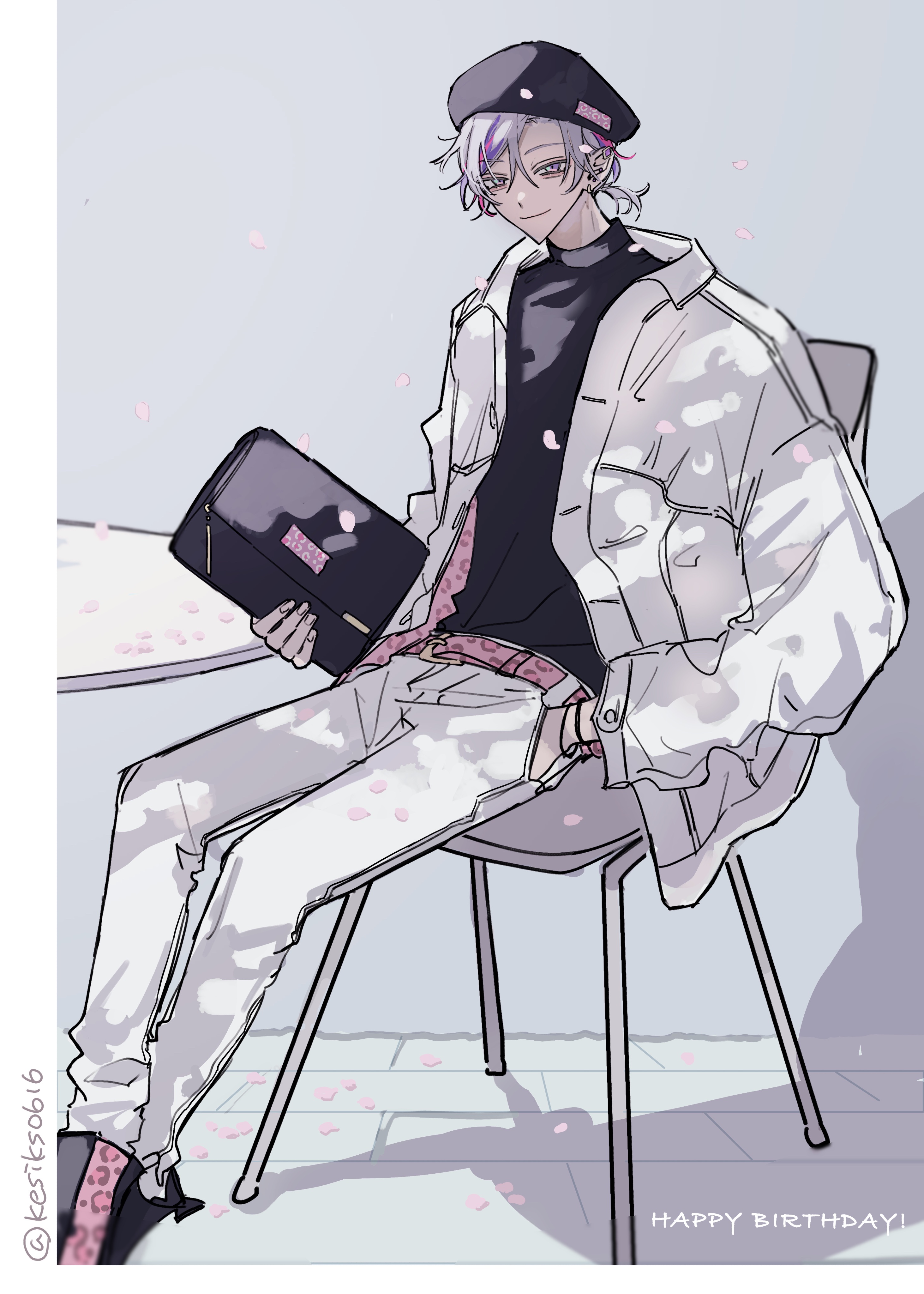 kesiks0616, fuwa minato, nijisanji, absurdres, highres, alternate costume, bag, belt, cherry blossoms, falling petals, full body, grey hair, hand in pocket, handbag, hat, holding, holding bag, jacket, long sleeves, looking at viewer, male focus, multicolored hair, open clothes, open jacket, pants, petals, pink hair, purple hair, shoes, short hair, sitting, streaked hair, table, turtleneck, twitter username, virtual youtuber
