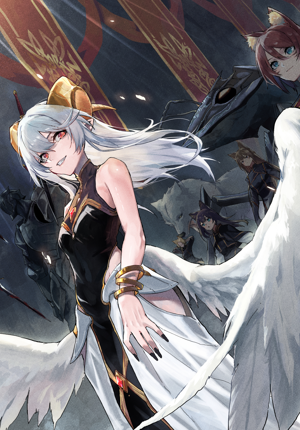 shimotsuki shio, highres, official art, 2others, 5girls, ant, armor, black armor, black dress, black nails, bracelet, bug, cover image, dress, feathered wings, floating, floating object, floating sword, floating weapon, gem, goat horns, gold bracelet, grey hair, horns, insect, jewelry, kerry (ougon no keikenchi), long hair, low wings, marion (ougon no keikenchi), multicolored dress, multiple bracelets, multiple girls, multiple others, nail polish, ougon no keikenchi, pointy ears, rare (ougon no keikenchi), red eyes, red gemstone, remy (ougon no keikenchi), riley (ougon no keikenchi), sleeveless, sleeveless dress, smirk, sword, weapon, white dress, white wings, wings, wolf