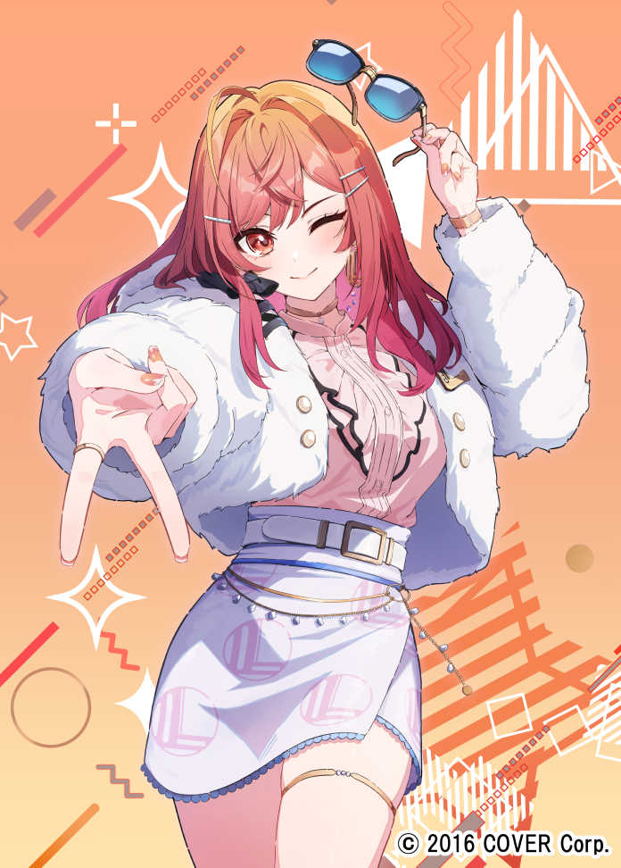 hamanashi (trapiorra), ichijou ririka, hololive, hololive dev is, official art, 1girl, belt, closed mouth, gyaru v, holding, holding removed eyewear, jacket, long hair, long sleeves, one eye closed, open clothes, open jacket, pink shirt, shirt, skirt, smile, solo, sunglasses, unworn eyewear, v, virtual youtuber, white belt, white jacket, white skirt